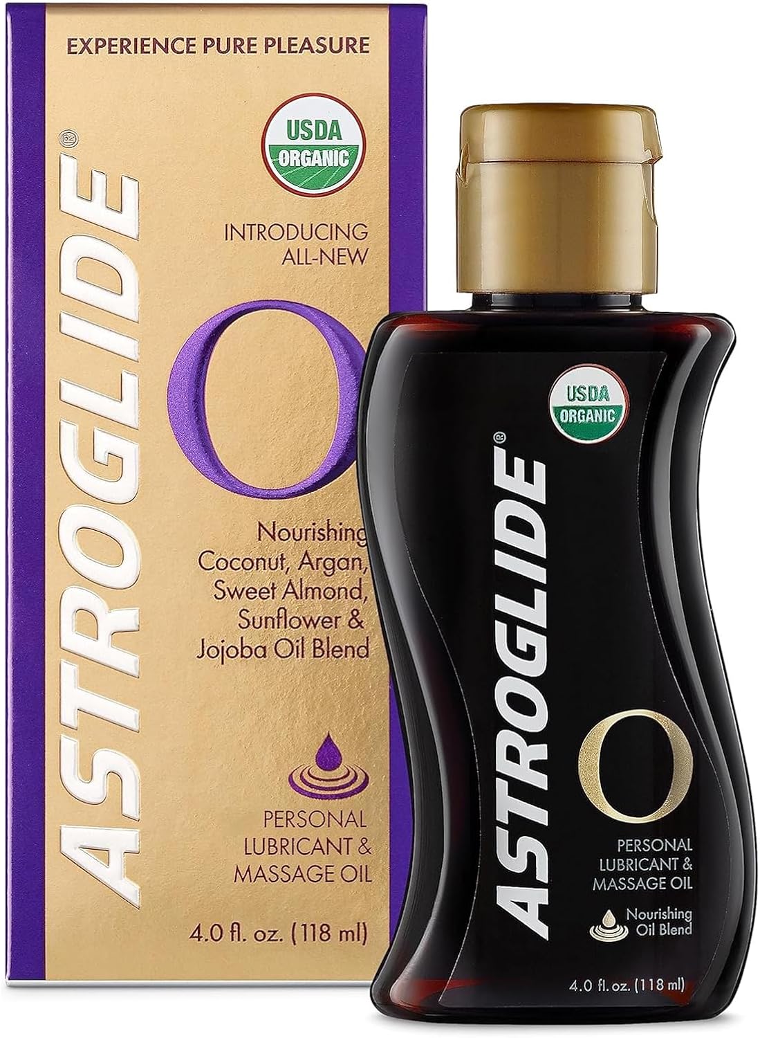 Astroglide Sensual Massage Oil and Lube (4oz), O Organic Essential Oil Based Hydrating Personal Lubricant, USDA Certified Organic