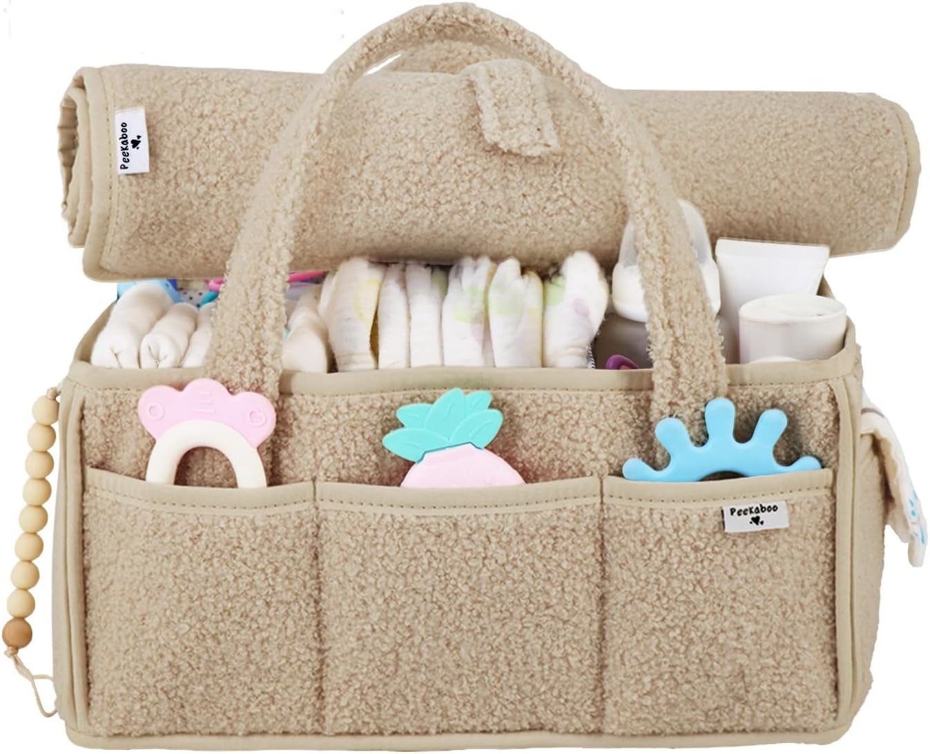 PEEKABOO Teddy Nappy Caddy Organiser & Changing Mat Set - Beige, Baby Shower Gifts, Newborn Essentials, New Baby Gifts (UK Company)