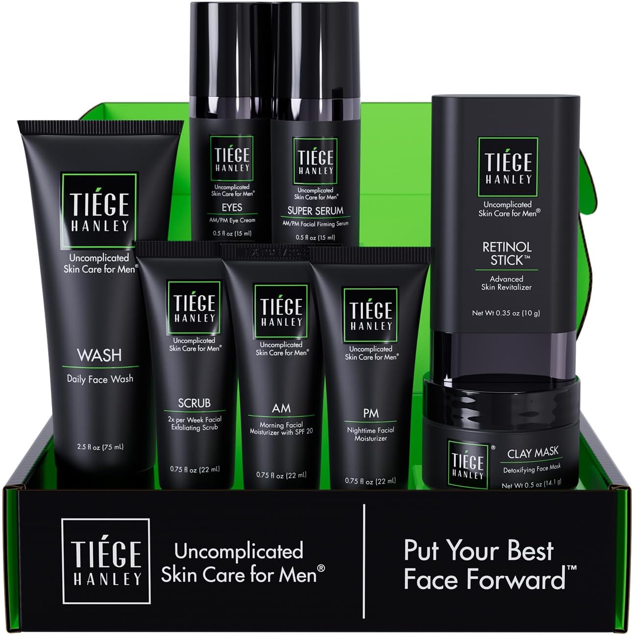 Tiege Hanley Mens Skin Care Set, Rejuvenation Skin Care Routine for Men (System Level 5) - Men's Skincare Set Includes Face Wash, Scrub, Moisturizer, Eye Cream, Face Serum, Clay Mask, & Retinol Stick