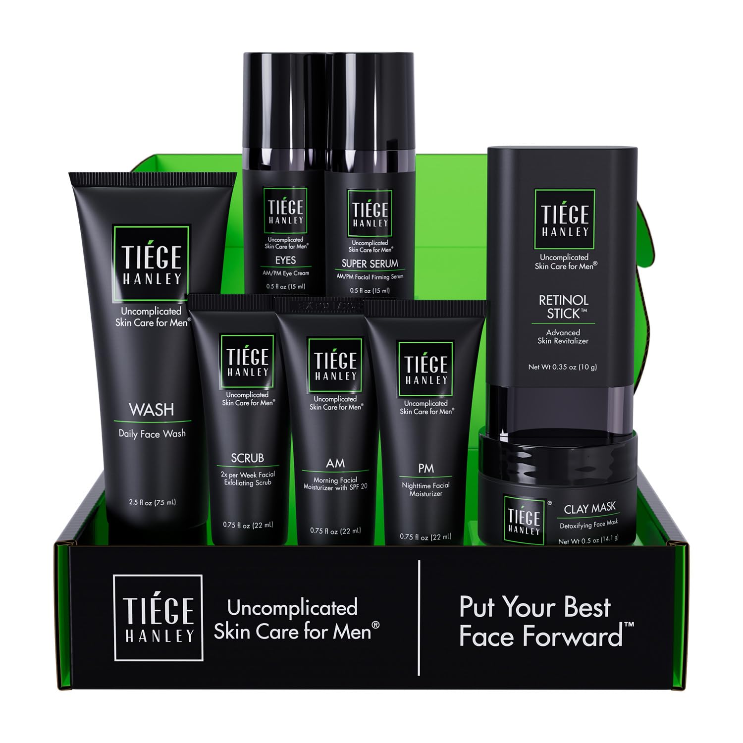 Tiege Hanley Skin Care Set for Men, Rejuvenation Routine, System Level 5, Face Wash, Scrub, Moisturizers, Eye Cream, Serum, Clay Mask, & Retinol Stick for Healthy Skin, Men’s Skin Care, 8 Piece Kit
