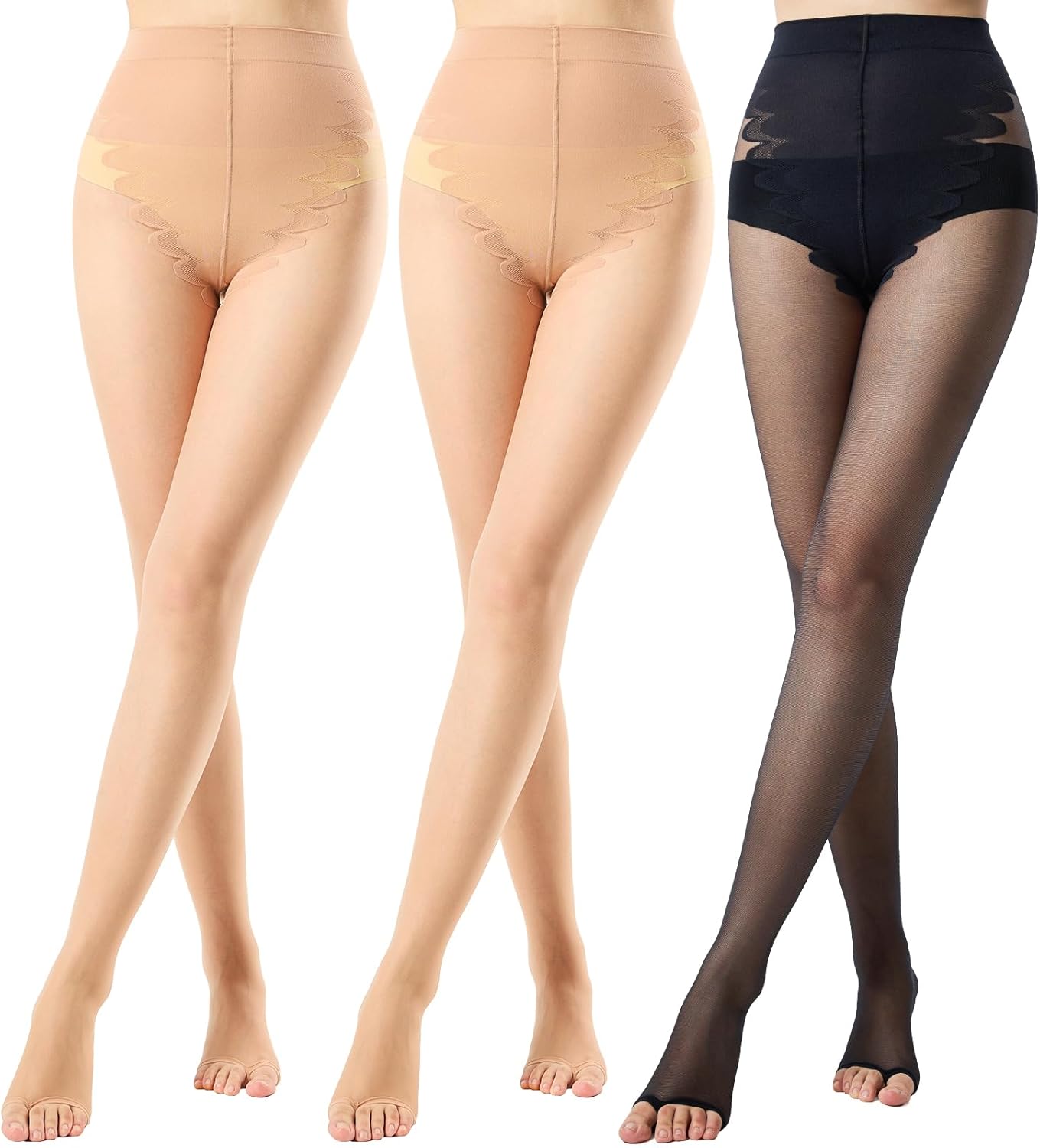 3 Pairs Toeless Pantyhose For Women 20D Sheer Tights Open Toe Stockings with Control Top