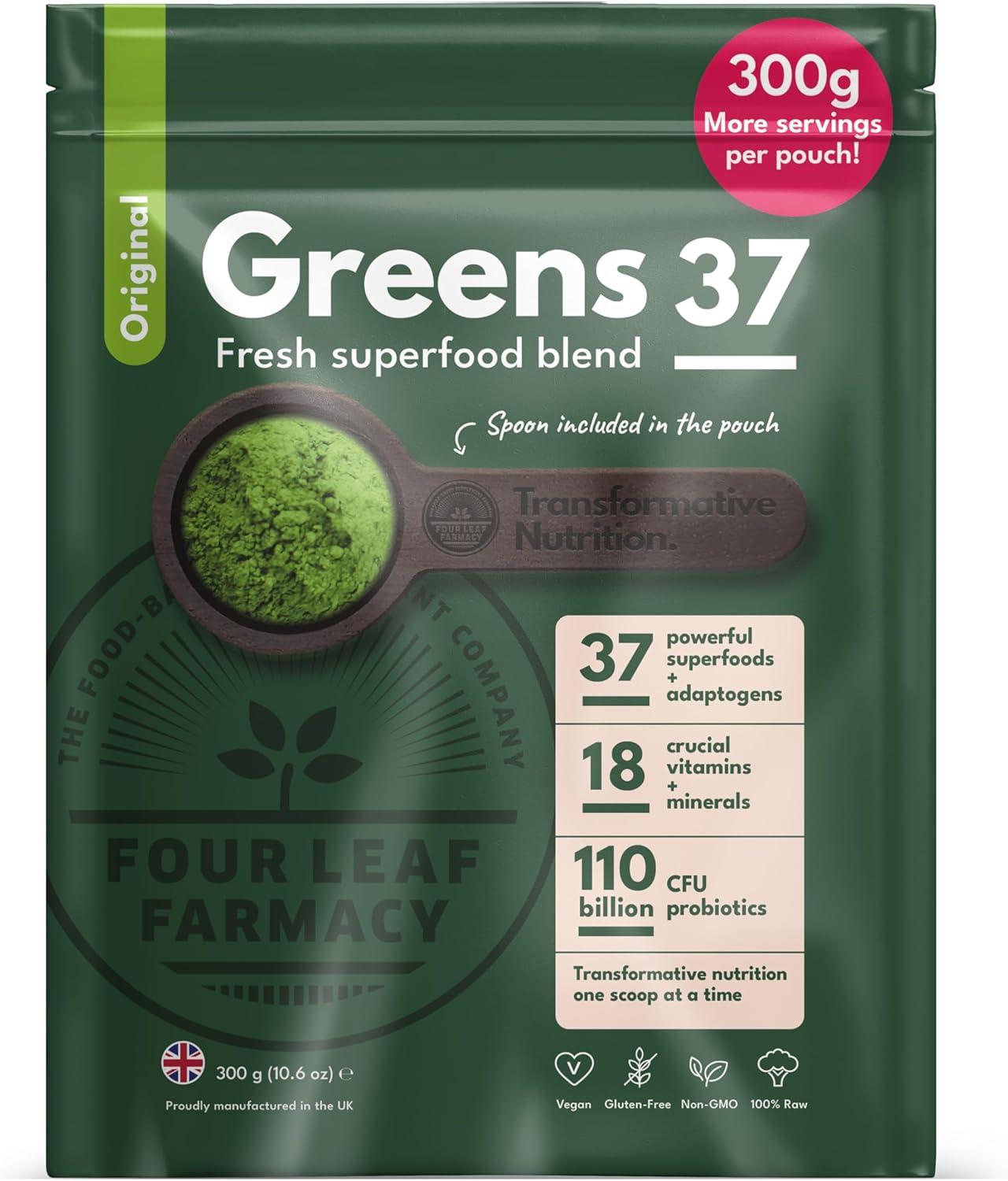 Greens Powder - Made in UK with 37 superfoods - 300g High Dosage Servings - Vegan Gluten Free Greens Powder- Daily Vitamins, probiotics for Gut Health - with KSM-66® Ashwagandha and Lions Mane