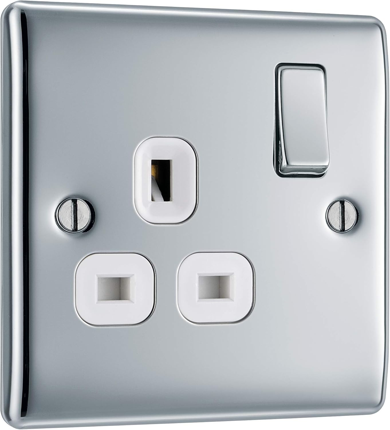 BG Electrical Single Switched Power Plug Wall Socket, Raised and Slim Profile, Round Edges, Nexus Metal, Polished Chrome, White Inserts, 13A, NPC21W