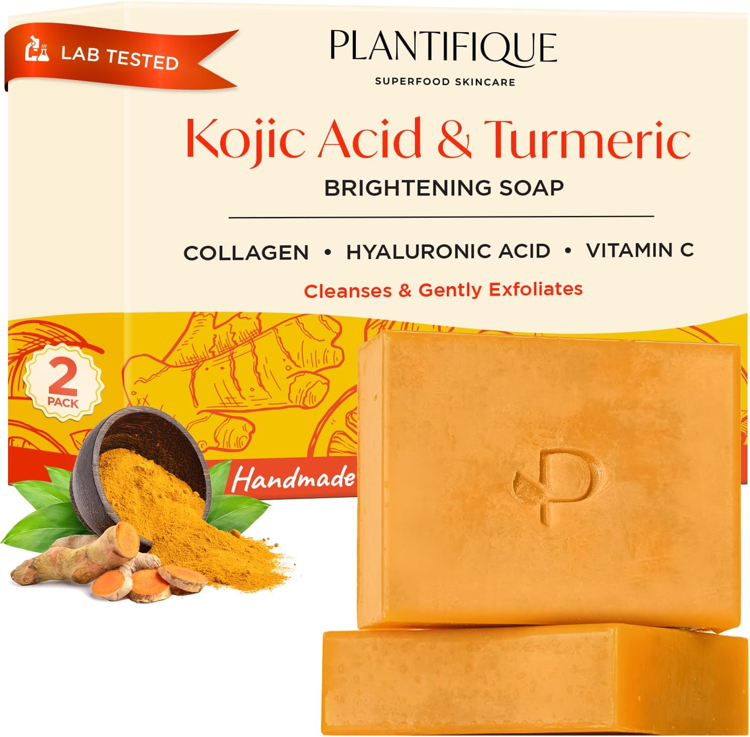 PLANTIFIQUE Kojic Acid Soap for Hyperpigmentation, Turmeric Soap 2 Bars, Hyaluronic Acid, Collagen, Vitamin C, Face Wash, 160g