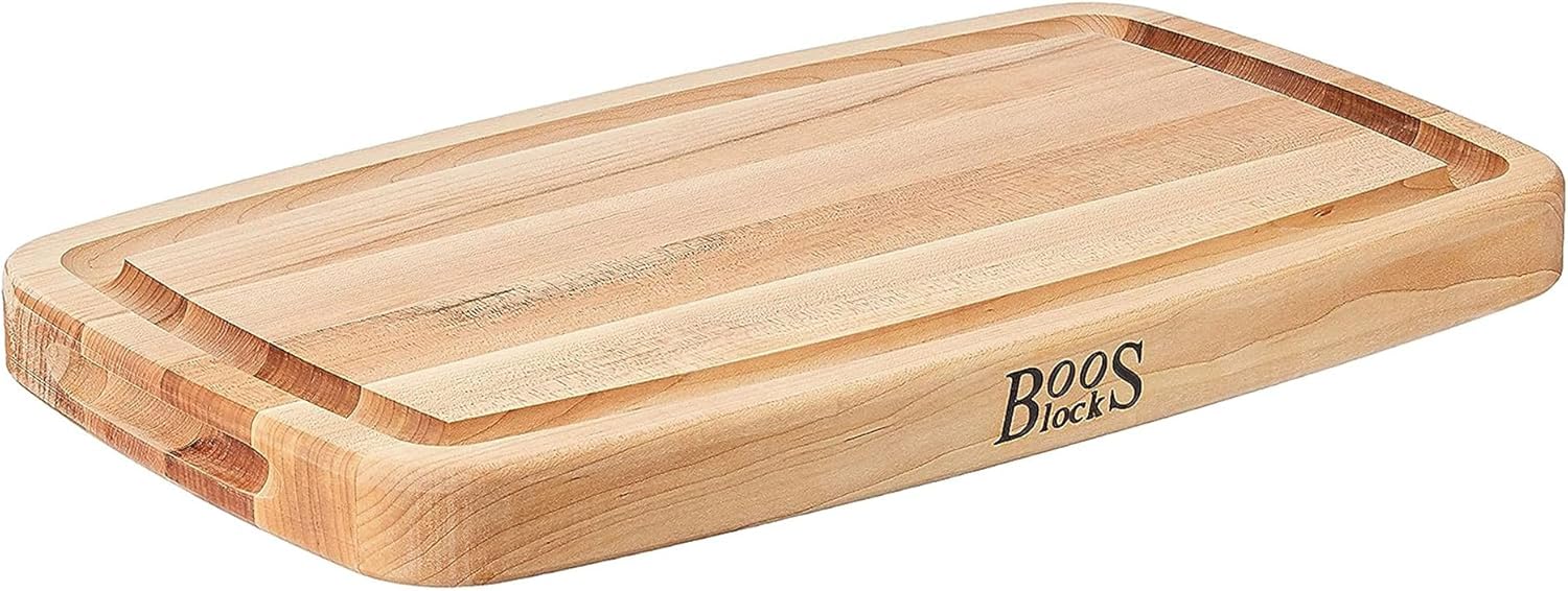 John Boos CB Series Rectangular Wooden Maple Cutting Board 18”x10.5” – 1.5” Thick, 8-lb Reversible Butcher Block with Rounded Edges, Juice Groove, Edge-Grain & Finger Grips – Made in the USA