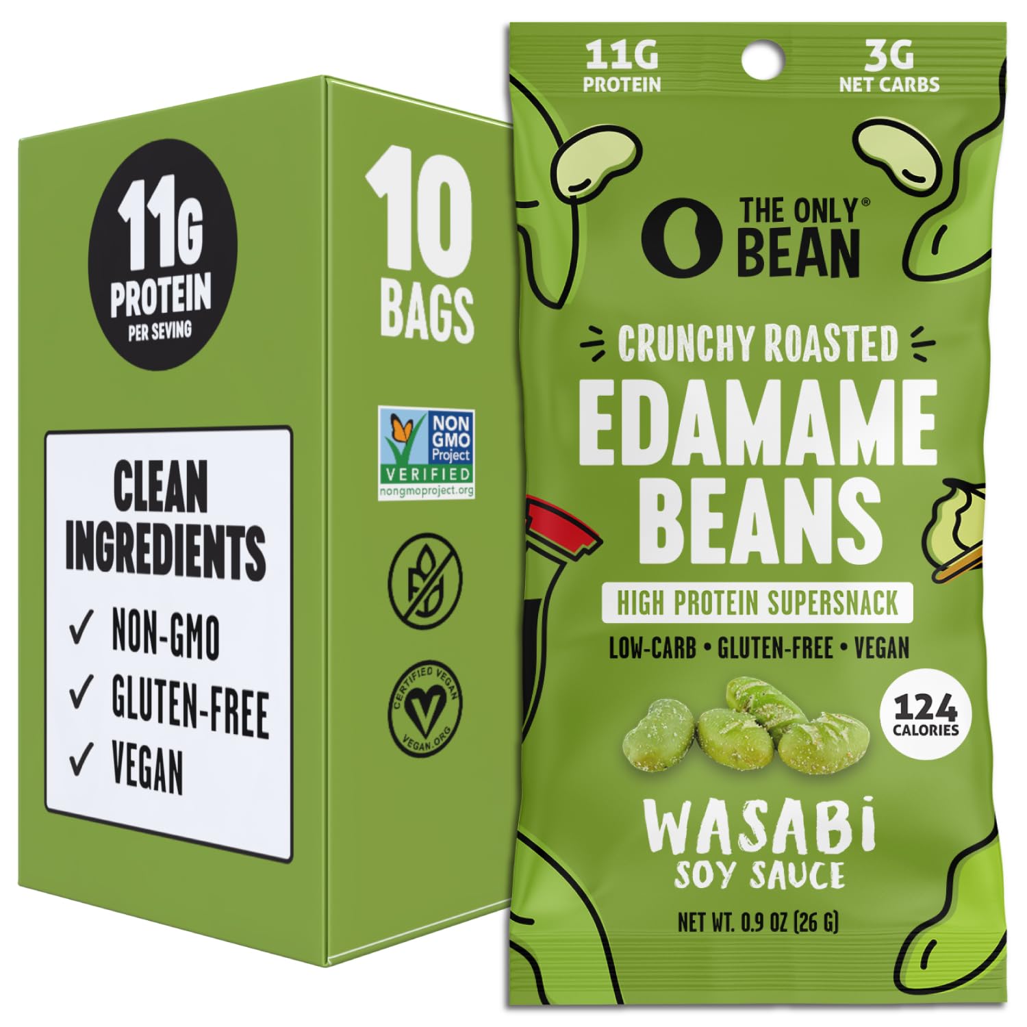 The Only Bean Crunchy Roasted Edamame Snacks (Wasabi Soy Sauce), Healthy High Protein Snacks, Low Carb, Keto Friendly, Gluten Free, Vegan, Lunch, Office, Adults and Kids, 0.9 Ounce (Pack of 10)
