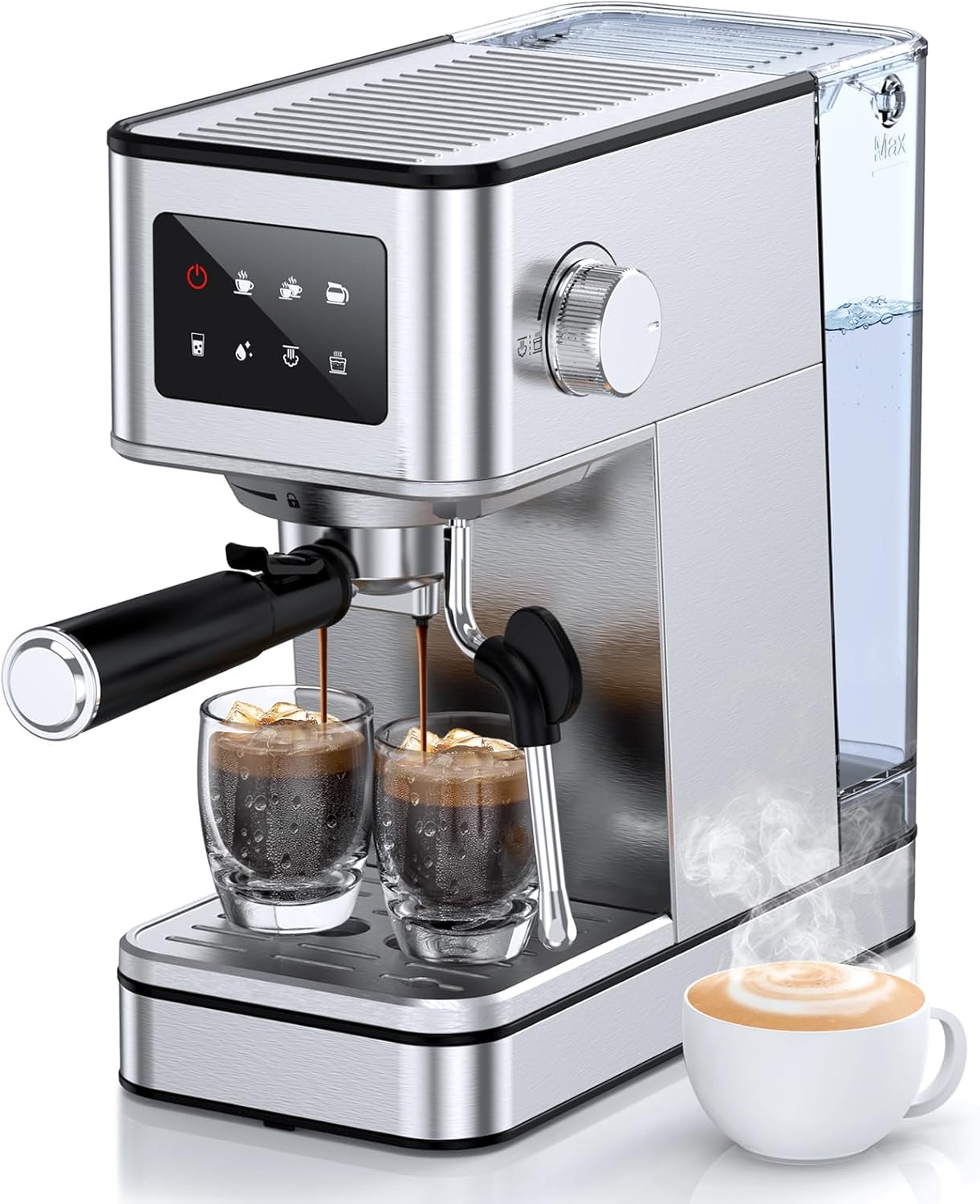 Espresso Machine, 20 Bar Compact Espresso Maker with Steam Milk Frother, Stainless Steel Coffee Machine with 57.5oz Removable Water Tank & LED Touchscreen Monitors for Latte, Gift for Coffee Lover