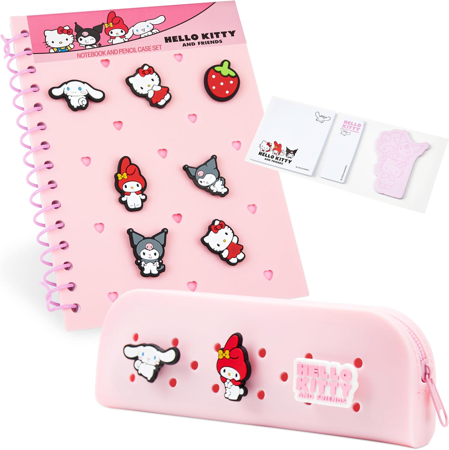 Hello Kitty A5 Customizable Notebook and Zipped Pencil Case, Kawaii Stationery Set with Character Chibi Pins Sticky Notes, Anime Gifts for Kids