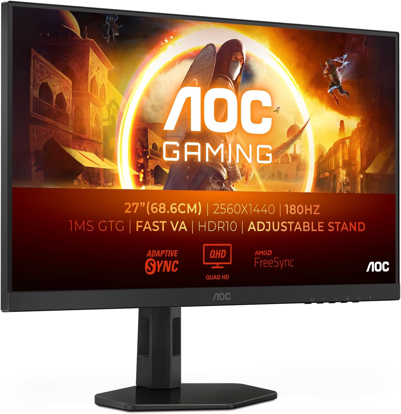 AOC Gaming Q27G4XD - 27 Inch Quad HD Monitor, 180 Hz, 1 ms, FreeSync. Prem., G-Sync comp., HDR400 (2560x1440, 2X HDMI 2.0, 1x DisplyPort 1.4, USB Hub) Black