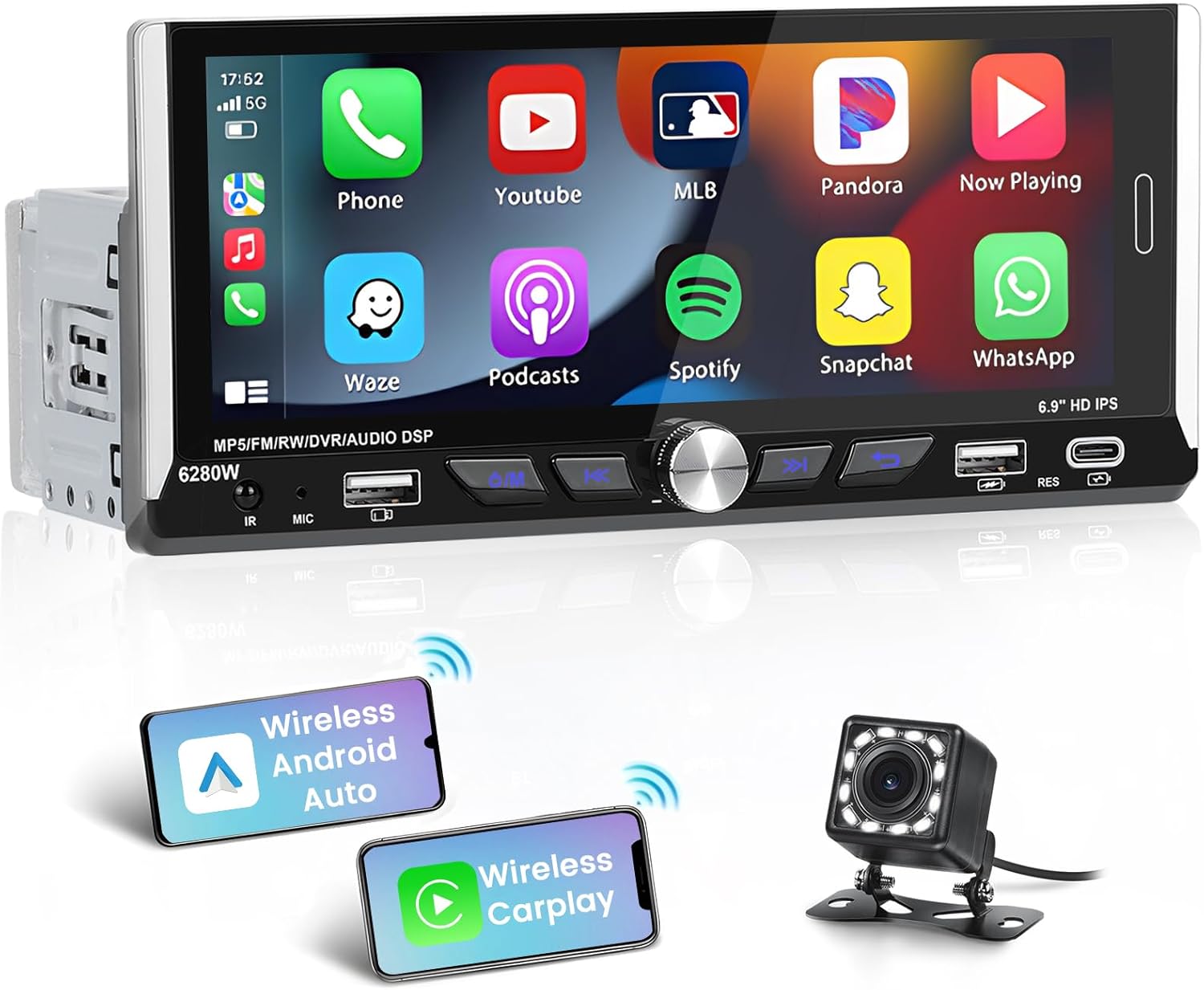 Newest 6.9 Inch Single Din Car Play Car Stereo for Wireless Apple Carplay & Android Auto Voice Control,Bluetooth 5.0,MirrorLink,Car Radio with Backup Camera,HD Touch Screen SWC/RDS/FM/2 USB/Type C/EQ