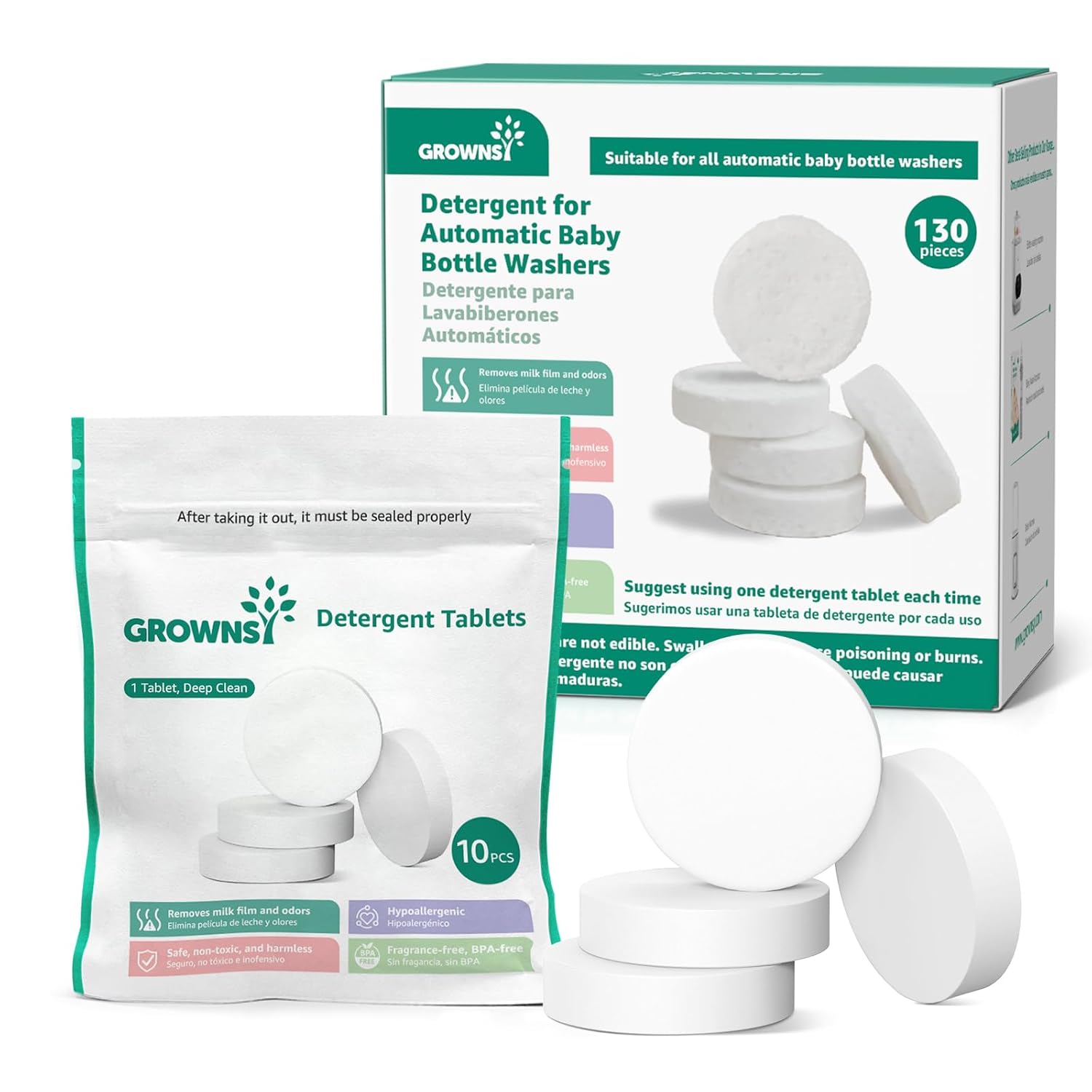 GROWNSY Detergent Washing Tablets 130 PCS for Momcozy, Baby Brezza, Papablic Bottle Washer, Compatible with All Brands Baby Bottle Washers