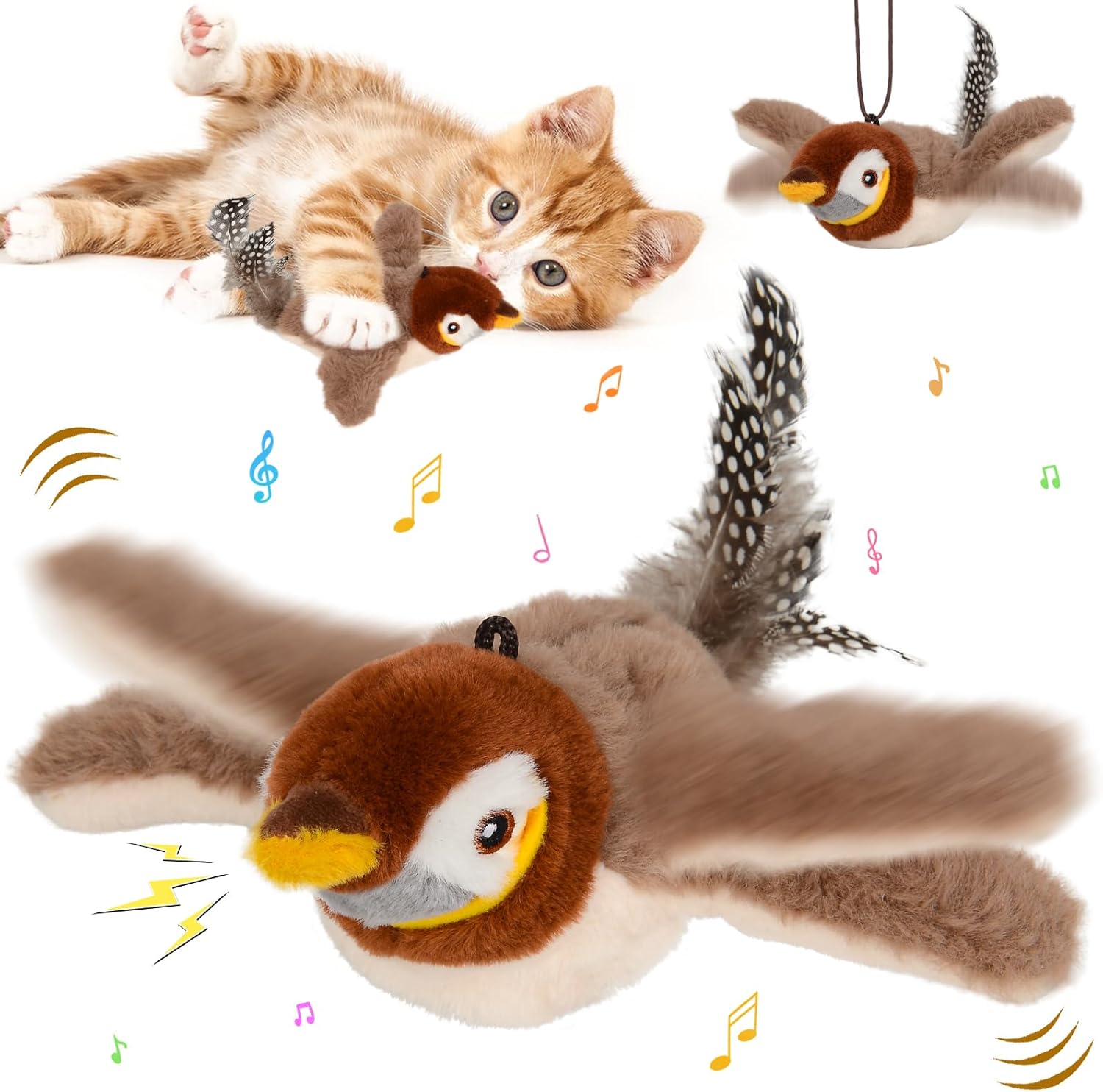DAMIGHT Flapping Bird Cat Toys, Simulated Flying Bird Interactive Cat Toy for Indoor Cats, Rechargeable Plush Flying Bird Toy for Kittens Dogs, Automatic Flapping Wings Sparrow Catnip Toys (A)