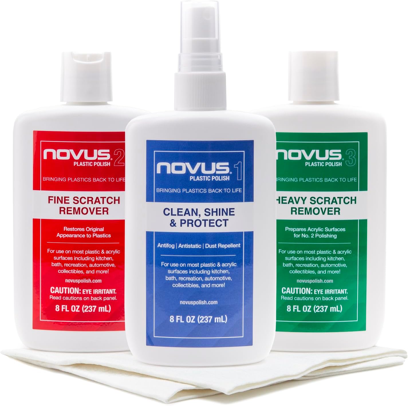 NOVUS-PK1-8 | Plastic Clean & Shine #1, Fine Scratch Remover #2, Heavy Scratch Remover #3 (8 Ounce, Polish Mates)