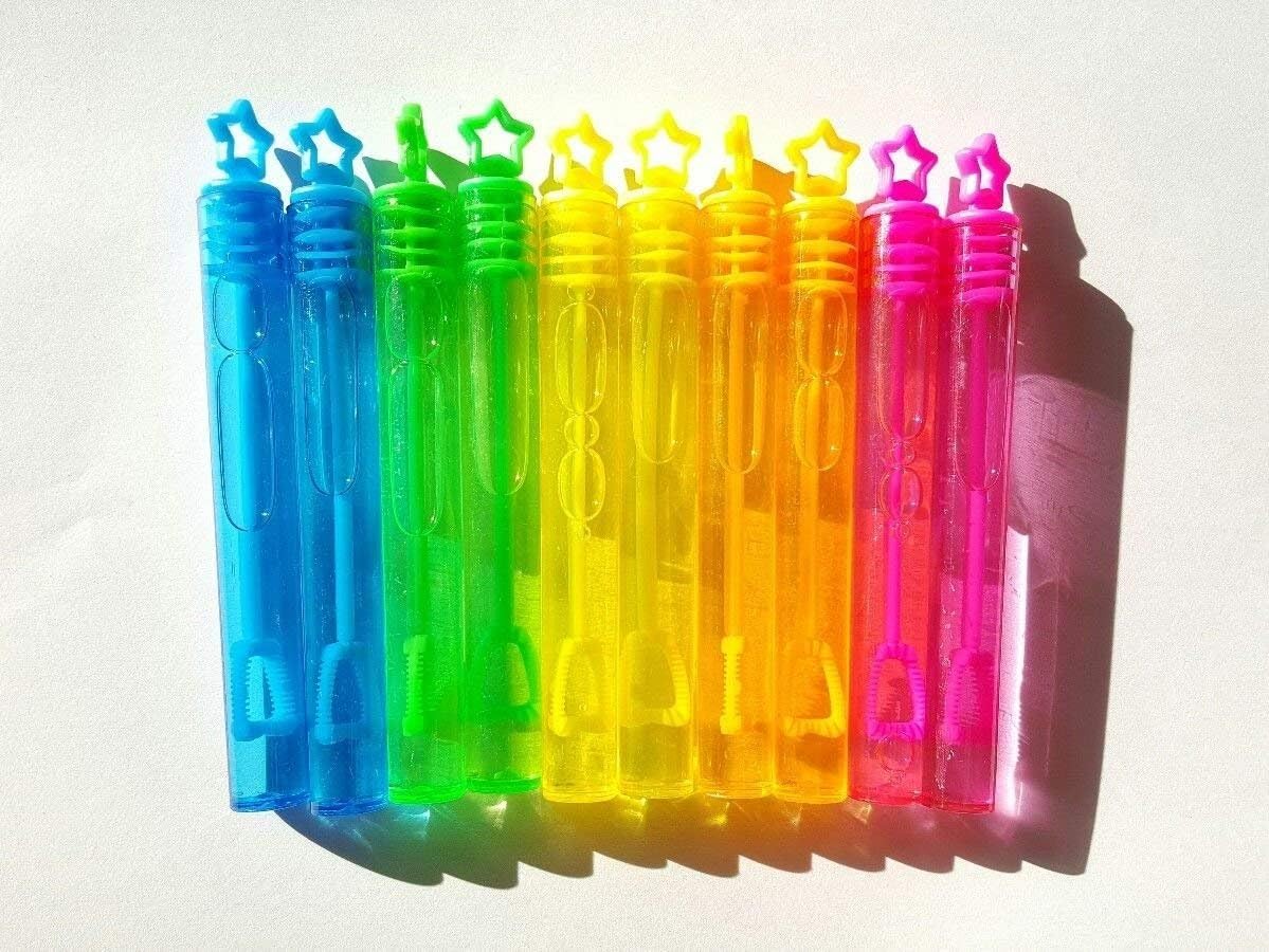 10 Mini BUBBLES wands NEON rainbow stars Childrens party birthday bag fillers