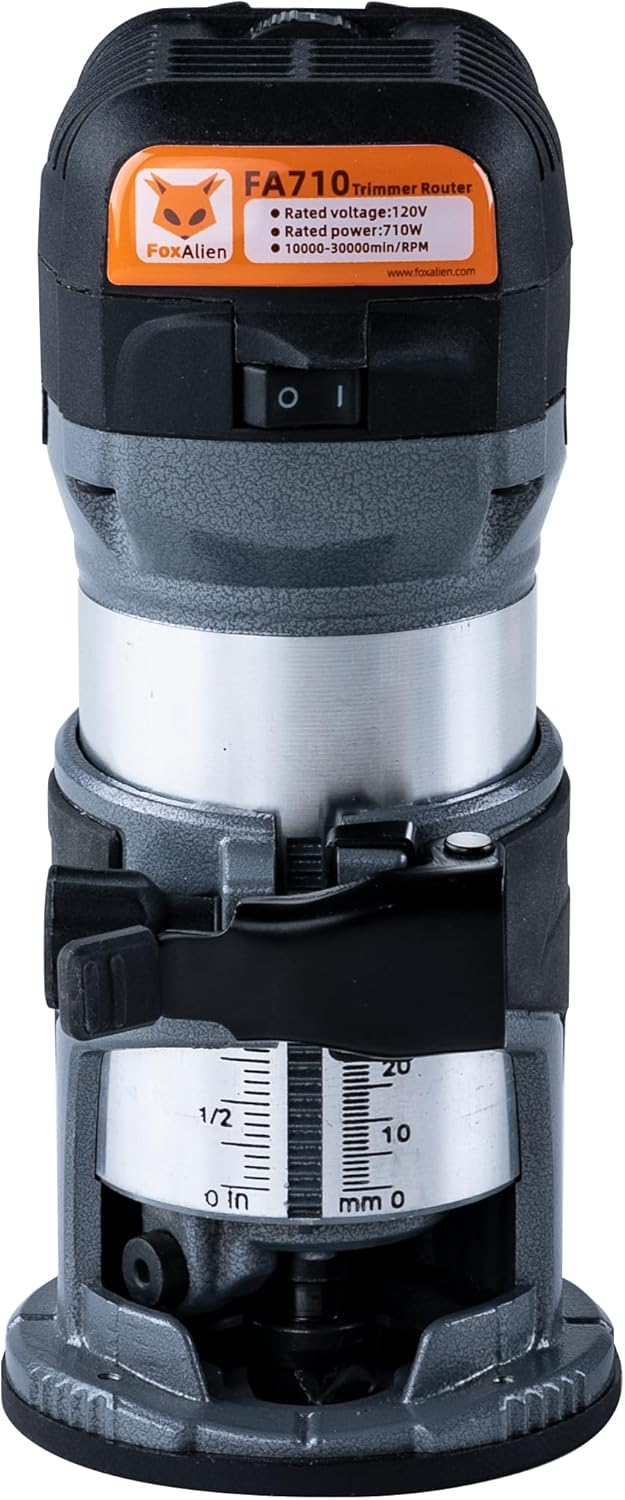 FoxAlien 1HP 710W 65mm Diameter Compact Palm Router for CNC Woodworking,6 Variable Speeds Max 30000 R/MIN Wood Trimmer with 1/4” Collet (110V)