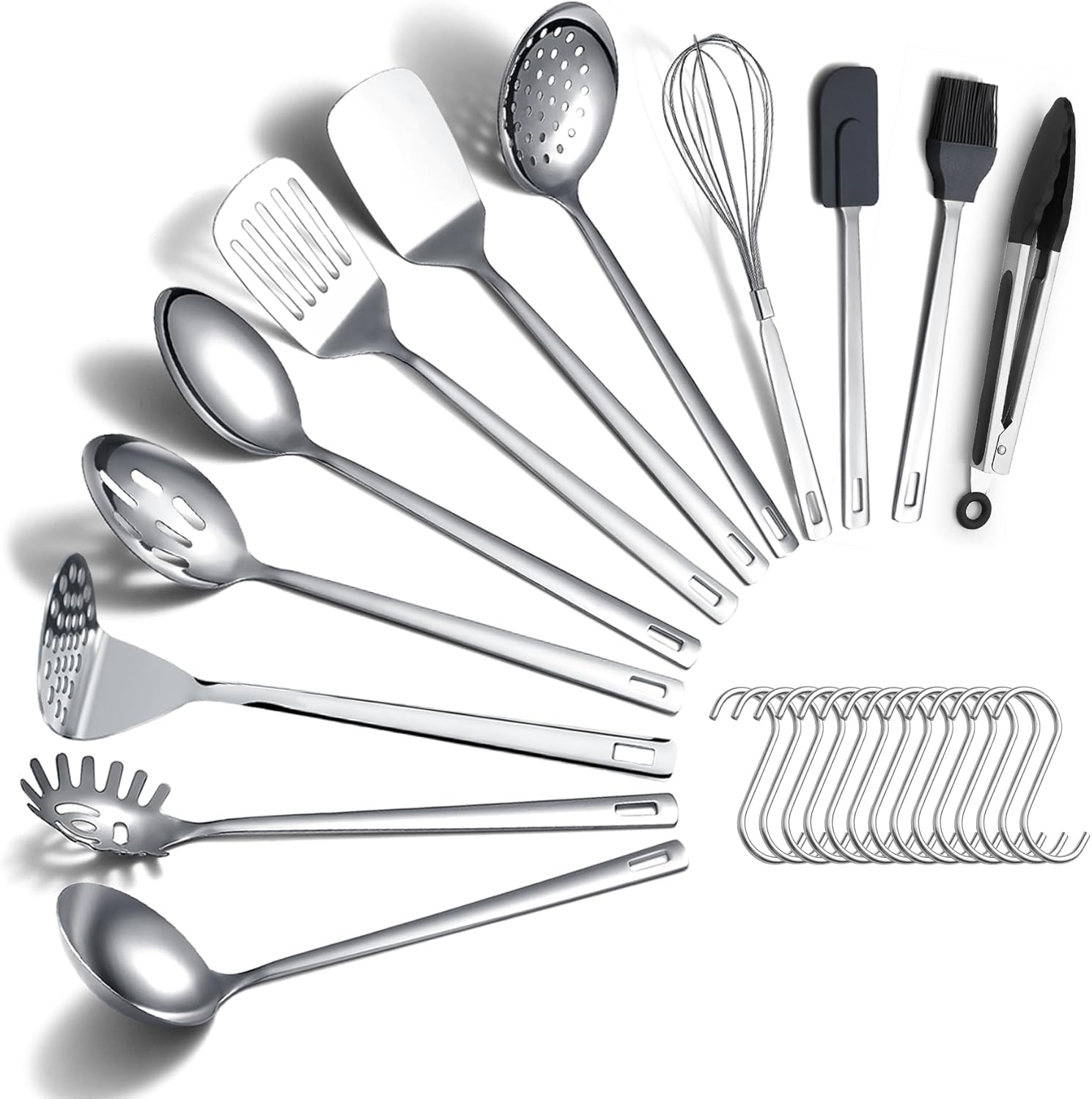ReaNea Stainless Steel Cooking Utensils Set 26 Pieces, Heavy Duty Sturdy Kitchen Tool Set with Hooks, Metal Spatula Set, Durable Mirror Polished Kitchen Utensils for All Cooking Tasks