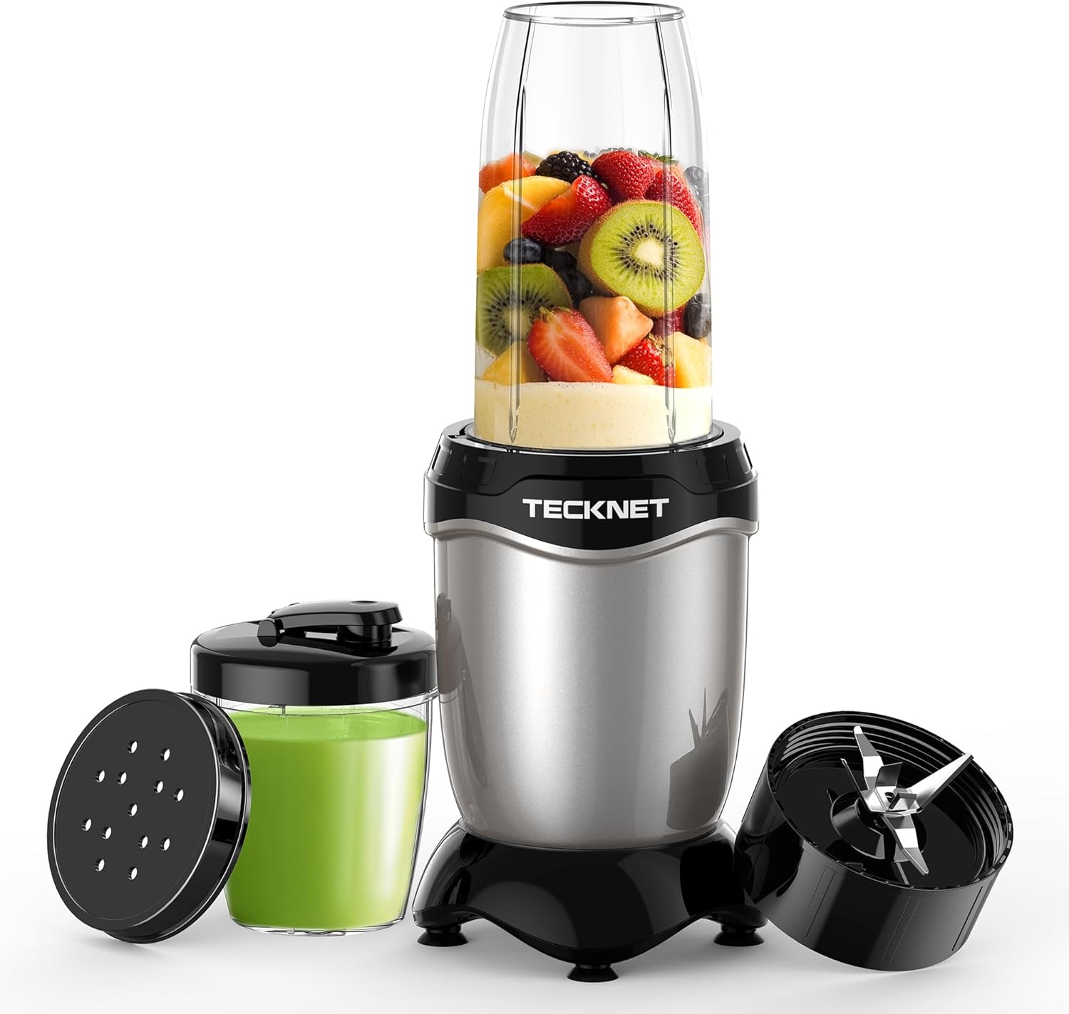 Food Blender, TECKNET 600W High Speed Blender with 2 Portable Travel Cups, Multi-Function Blender for Shakes, Smoothies, Juices, and Nut Butter - Stainless Steel Blades, Easy Clean