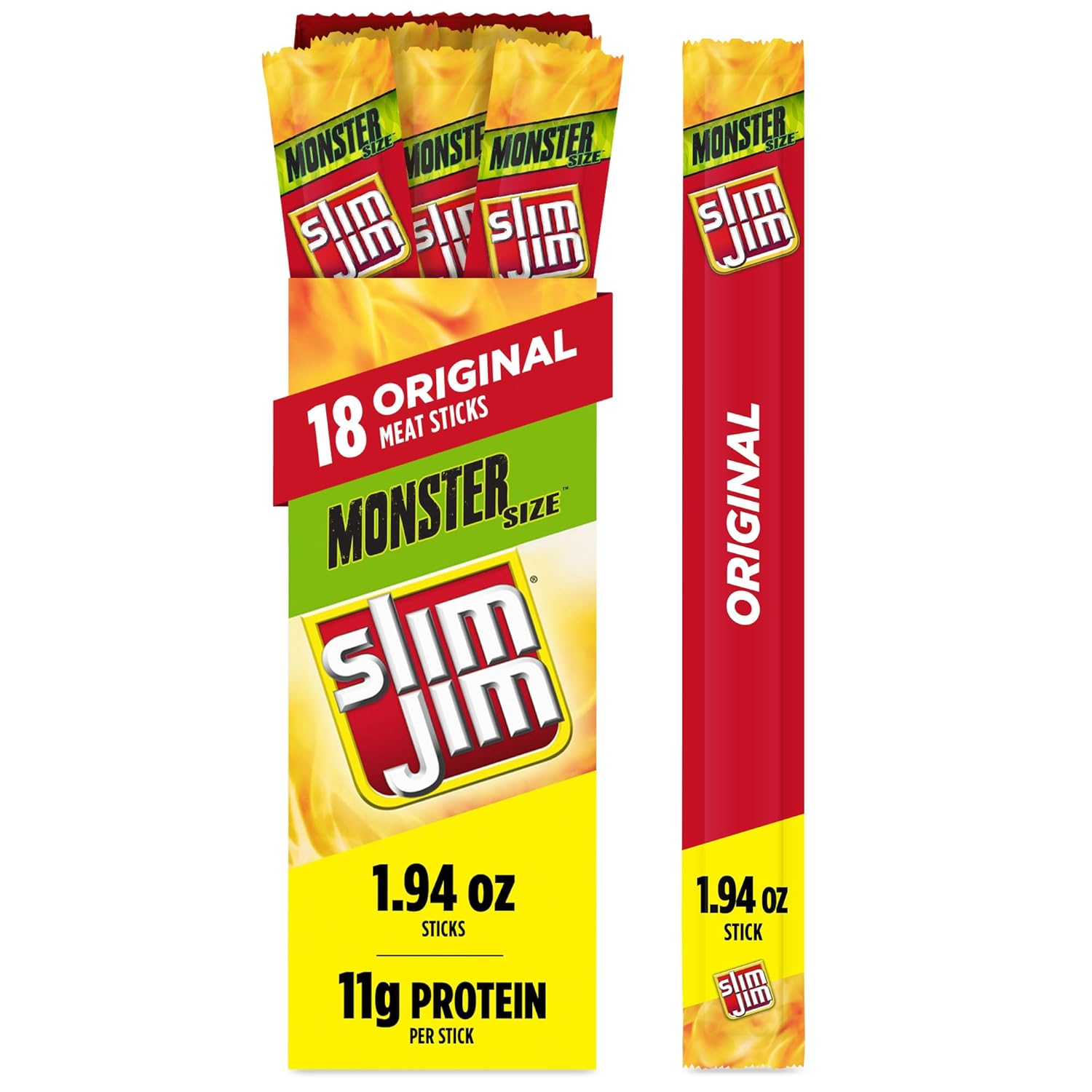 Slim Jim Monster Smoked Meat Sticks, Original Flavor, High Protein, 1.94 oz. (18 Count)