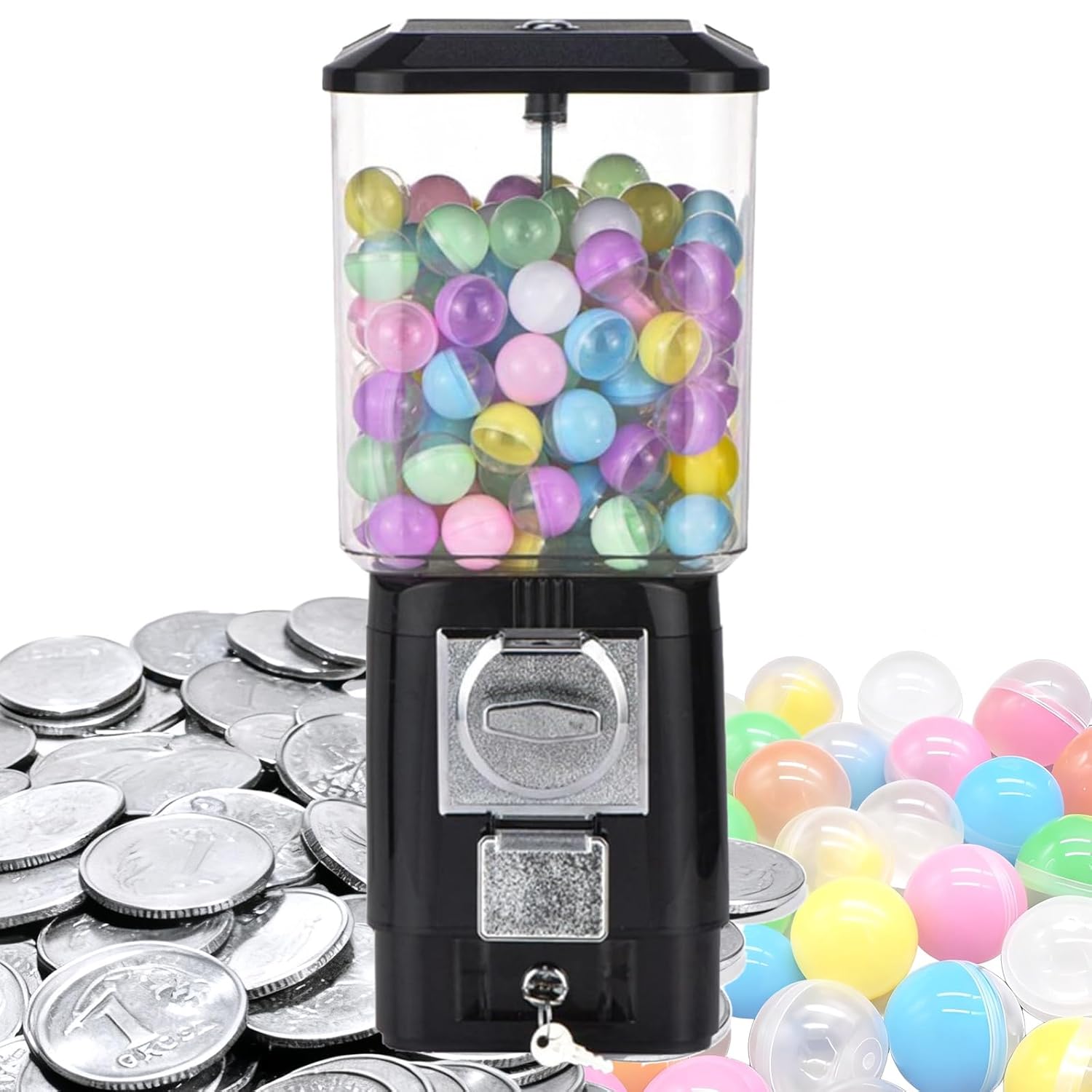 Candy Vending Machines,Coin Operated Bubble Gum Machine,200 Empty Balls, 100 Stainless Steel Tokens,Coin Operated Gumball Bank for Toy Capsules Bouncy Balls Candy,for Game Stores(Black)