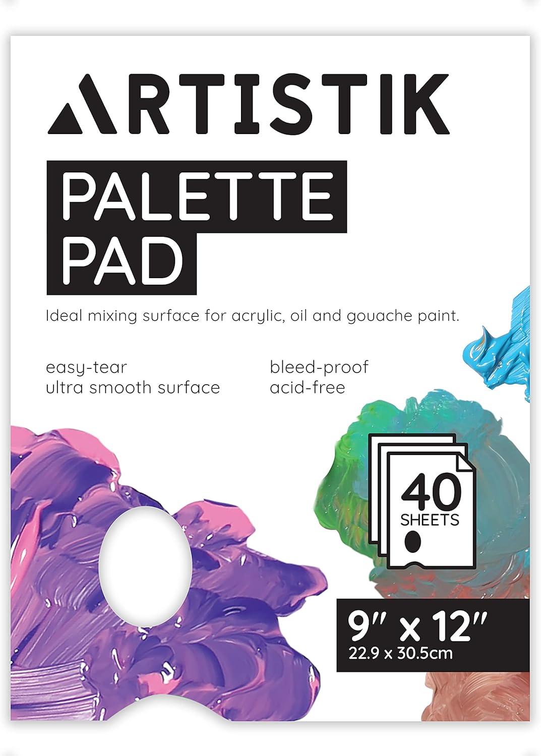 Tear-Off Palette (40 Sheets) Painting Palette Pad - Disposable Coated White Bleed-Proof Palette Sheets for Mixing Acrylic Watercolour Oil and Gouache Paint Colours, 9"x12"/21x29cm