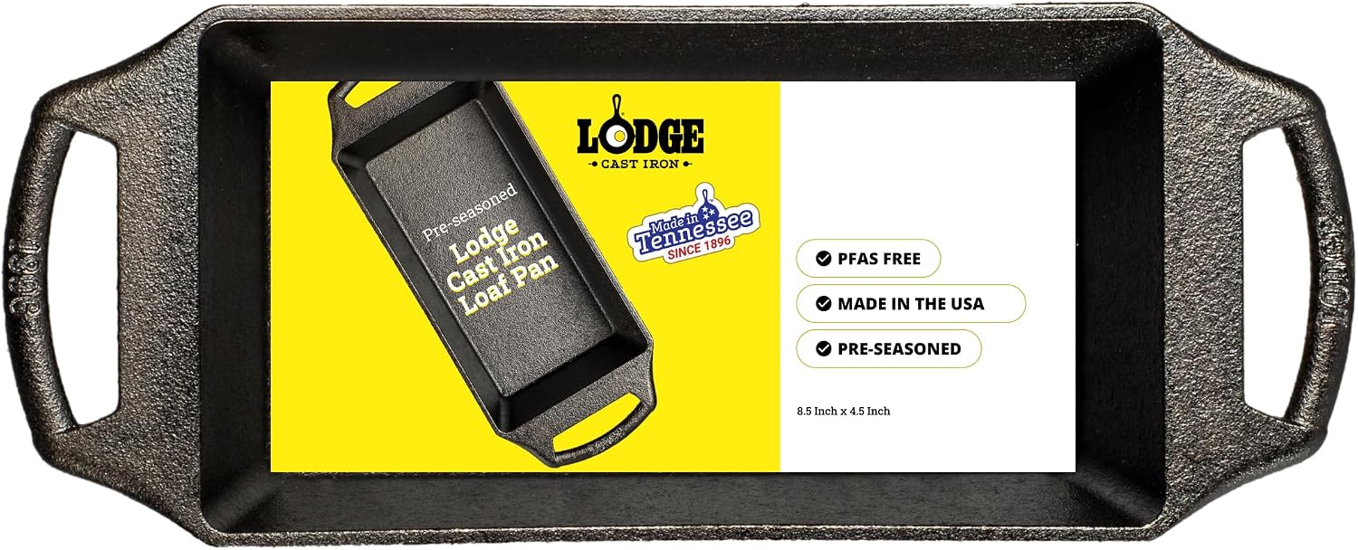 Lodge Seasoned Cast Iron Loaf Pan 8.5 Inches - Pre-Seasoned Rectangular Cast Iron Bakeware- Even Browning Bread Pan with Easy-Release Finish - PFAS-Free Non-Toxic Cookware