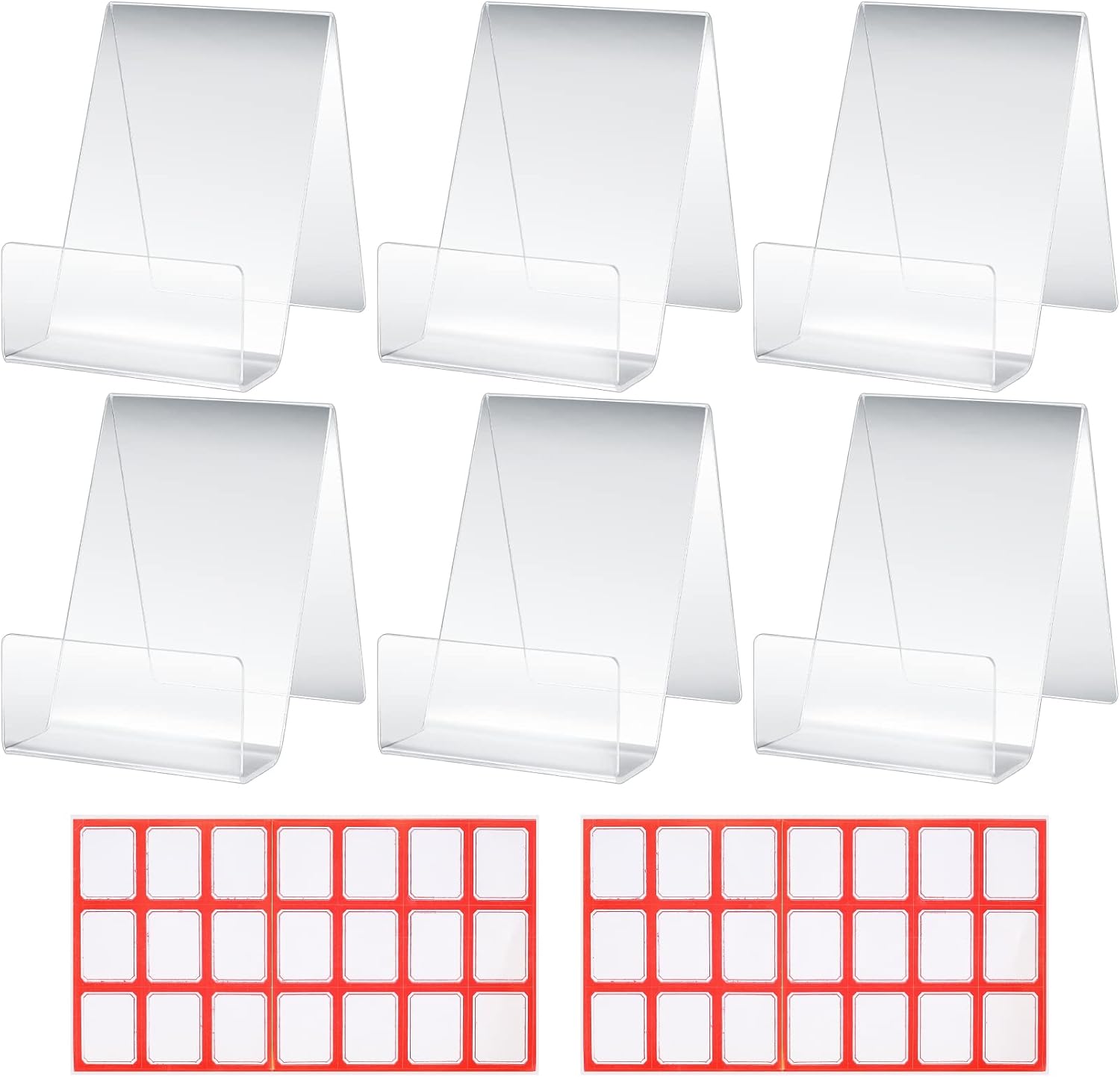 6 Pcs Clear Acrylic Book Stands, Display Stands, Message Holders, Menu Counter Poster Leaflet Sign Table Display Holder Stands for Shop Bookstore School, with 2 Sheets Labels(7.5 x 3 x 10.7cm)