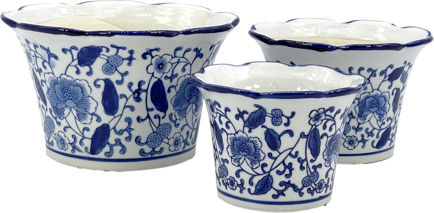 Galt International Blue & White Floral Porcelain Ceramic Decorative Flower Pot 8"/6"/4.5" Garden Pots Chinese Asian Design - Set of 3 Cylinder Fluted Edge