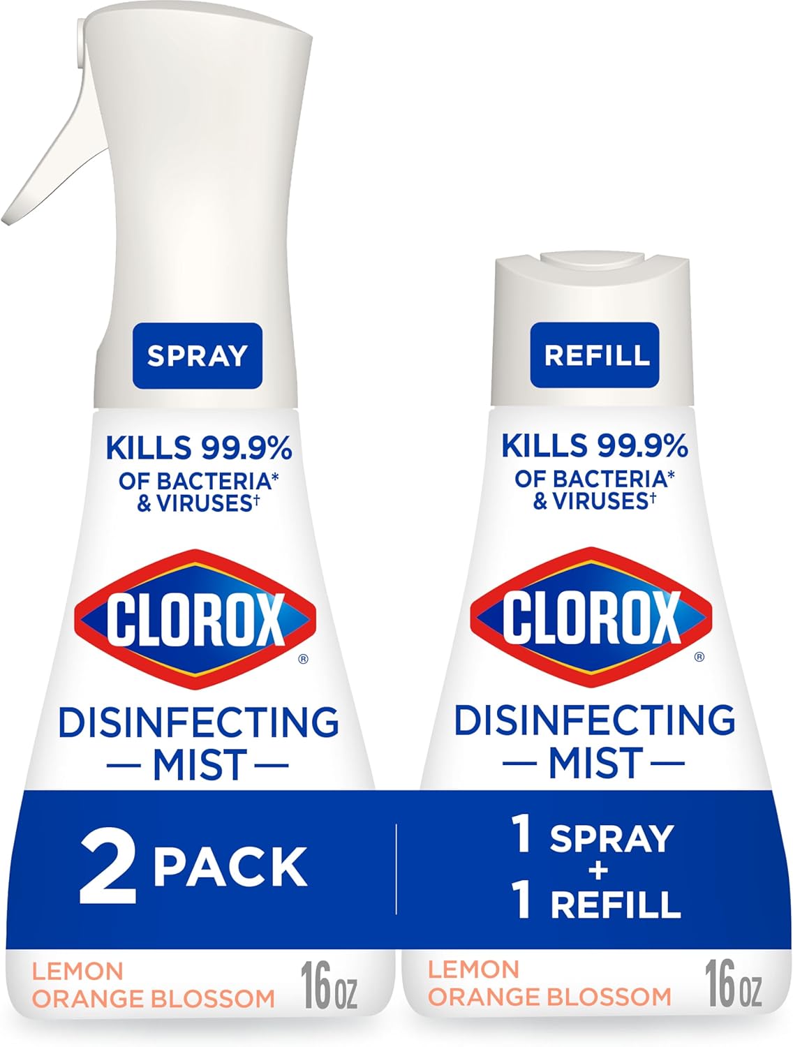 Clorox Disinfecting Mist, Lemon and Orange Blossom, 1 Spray and 1 Refill, 16 oz Each