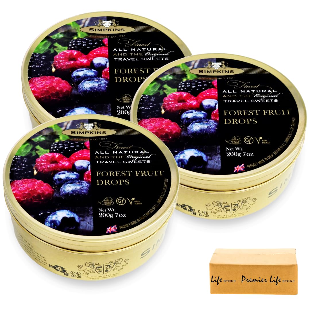 Simpkins Forest Fruit Drops Sweets, Traditional English Travel Sweets, 200g, 3 Pack, Vegan, Gluten-Free, In Premier Life Store Box