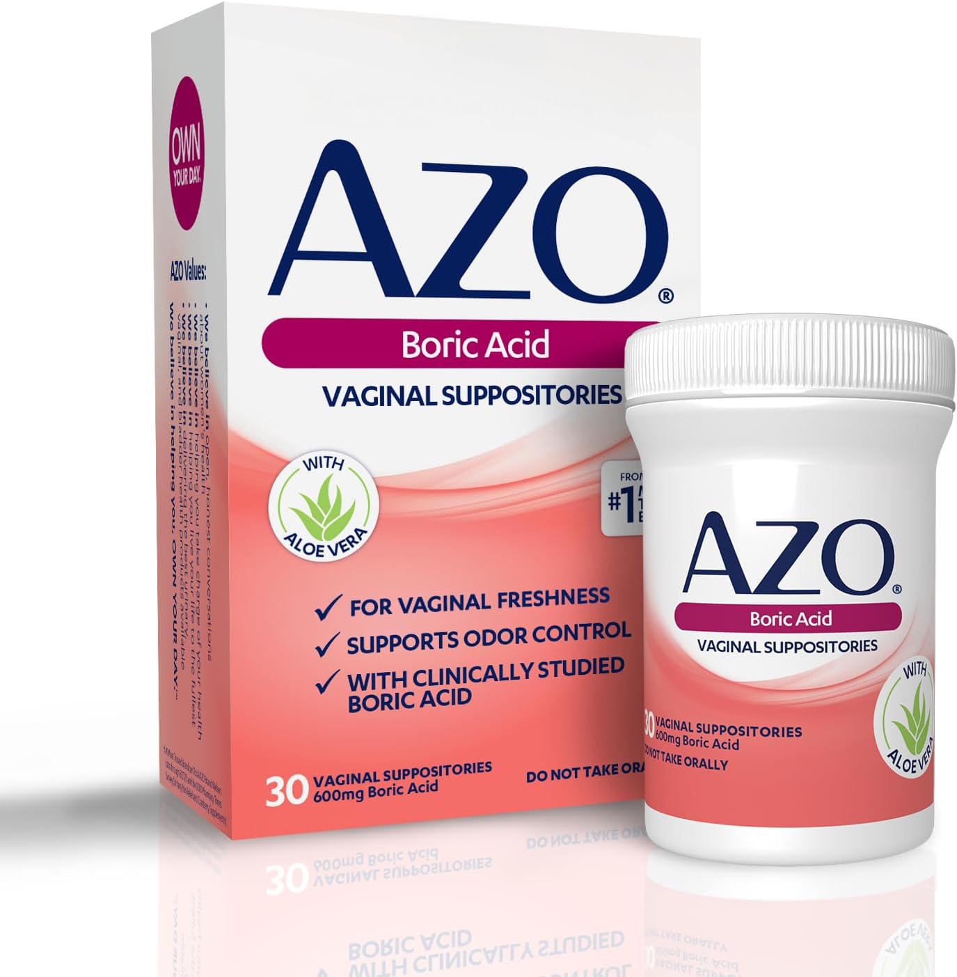 AZO® Boric Acid Vaginal Suppositories, Helps Support Odor Control and Intimate Health with Clinically Studied Boric Acid, Non-GMO, 30 Count