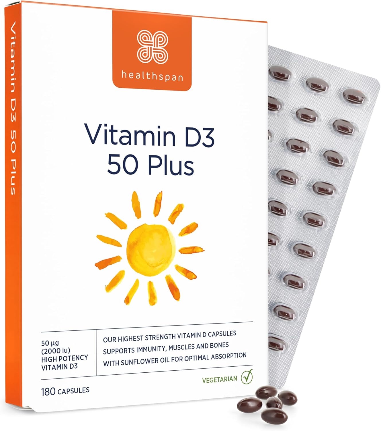 Healthspan Vitamin D3 50 Plus (180 Capsules) | Ideal for Anyone Over 50 | Super Strength | Immune Health | Bone, Teeth & Muscle Health | Contains 2,000iu of Natural Vitamin D3 Per Tablet | Vegetarian