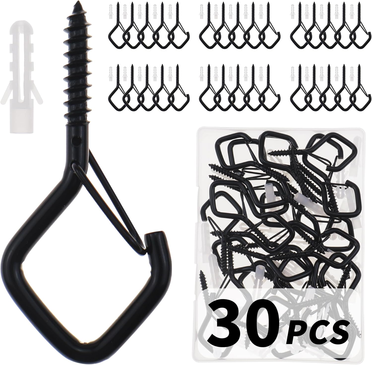 CADONO 30 PCS Cup Screw-in Hanger Hooks with Safety Buckle, Windproof Screw Hooks Perfect for Hanging Outdoor String Lights, Plants, and Patio Lights,for Ceiling and Wall Mount, 2.2 Inches in Black