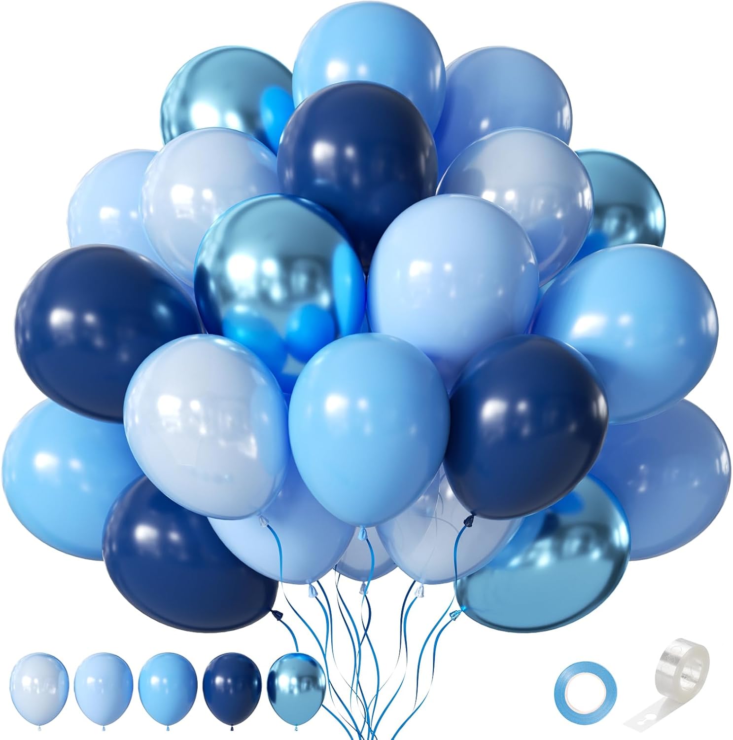 Assorted Blue Balloons Set, 60 pcs Metallic Blue Balloons, Pearl, Navy, Light Blue, Baby Blue Balloon 12 inch Latex Balloon for Boys Birthday Decoration, Baby Shower, Bridal Shower, Wedding