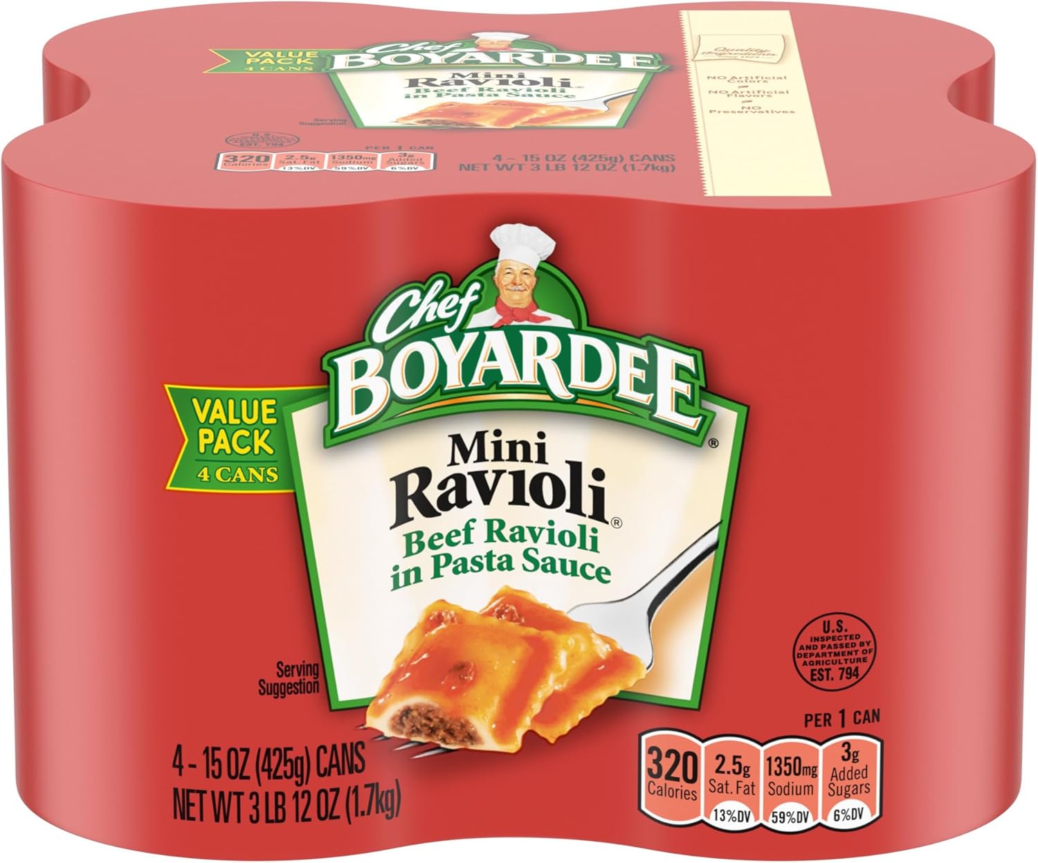 Chef Boyardee Mini Beef Ravioli in Tomato & Meat Sauce, 4Pk