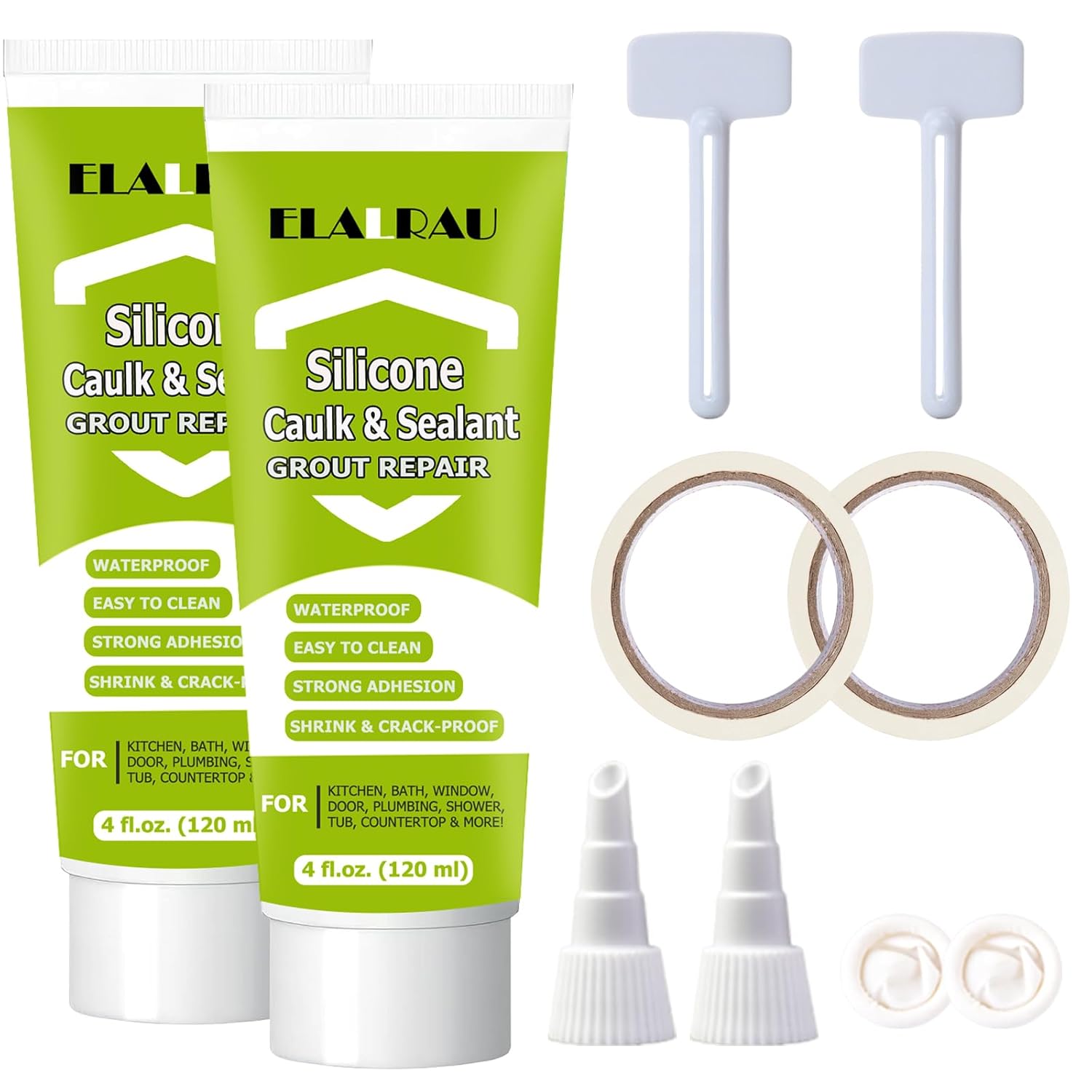 8Oz Silicone Sealant, ELALRAU White Bathroom Sealant, Waterproof Caulk & Seal Silicone Caulk, Tile Grout Repair Kit with Tool, Shrink & Crack Proof for Bathroom, Shower, Floor, Kitchen (120ml*2)