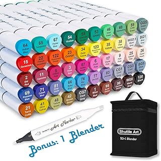 Shuttle Art 51 Colors Dual Tip Alcohol Based Art Markers, 50 Colors plus 1 Blender Permanent Marker Pens Highlighters with Case Perfect for Illustration Adult Coloring Sketching and Card Making…