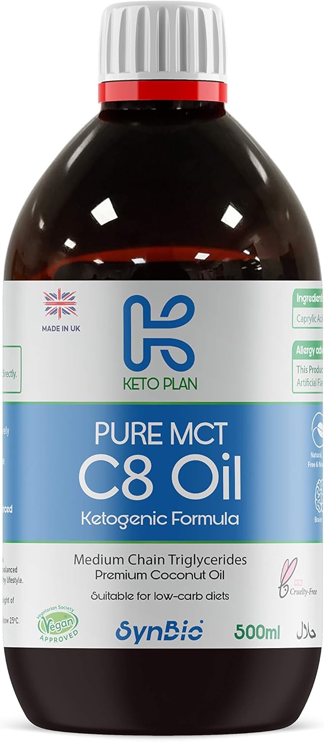 SynBio Keto Plan - Pure MCT C8 Oil [Palm Oil Free] | 99% Pure C8 | Vegan | Halal | Gluten Free | Supports Keto Nutrition & Fasting | Sustainably Sourced Coconut (500ml)