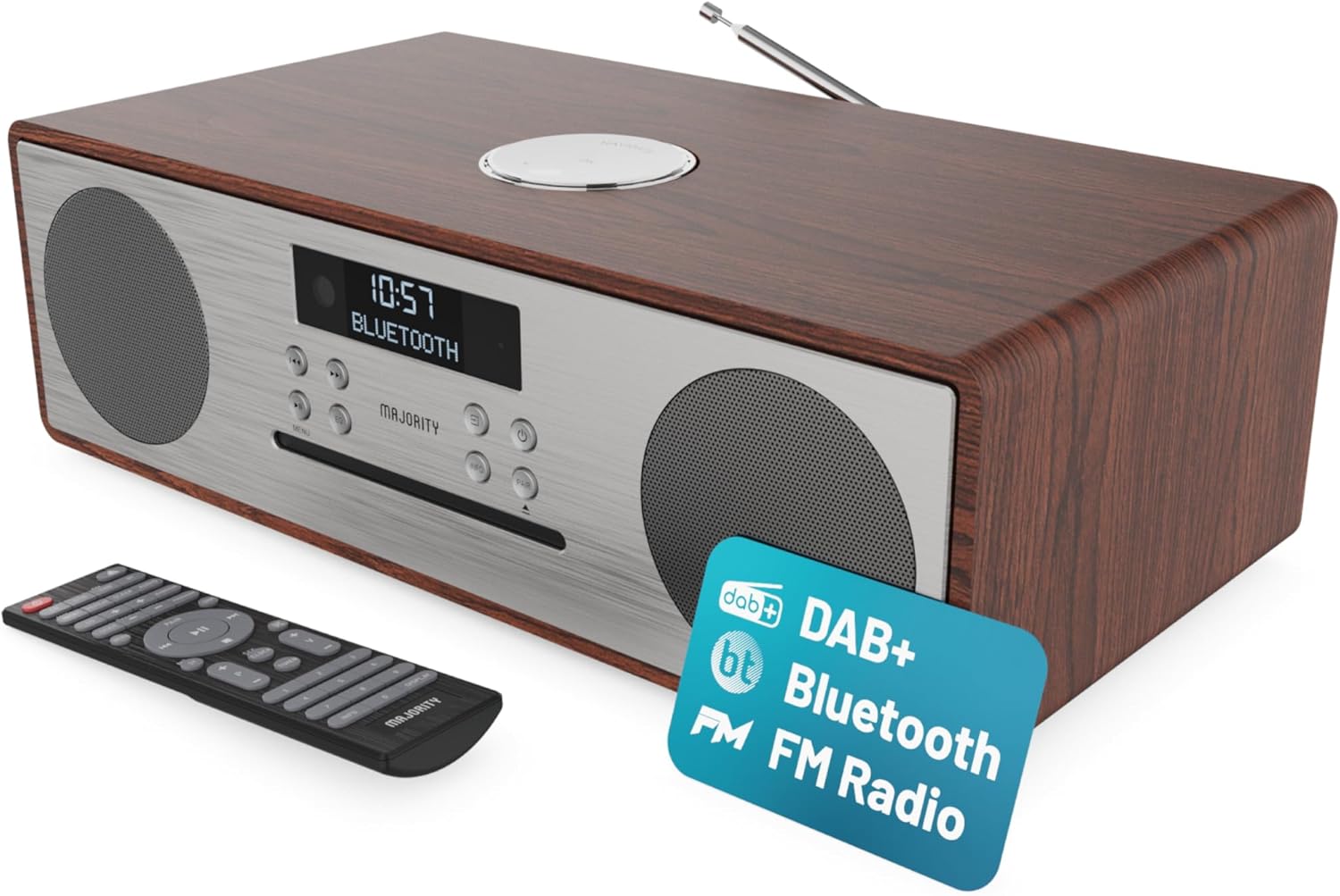 DAB+ Radio & CD Player | Compact Wooden HiFi Music System | Bluetooth Digital Home Stereo | FM, 20 Presets, Radio Alarm, & Remote Control | AUX & USB Input | USB Charging | MAJORITY Oakington (Walnut)