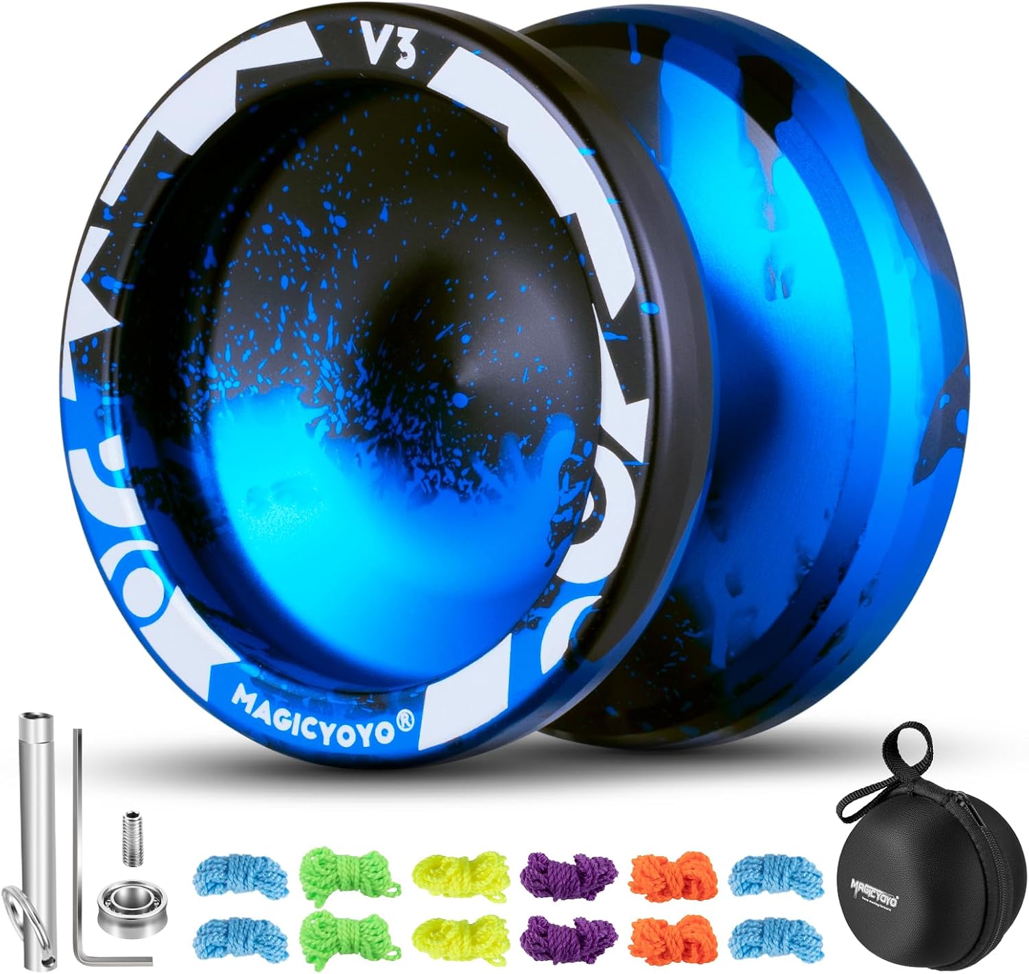 MAGICYOYO V3 Responsive Yoyo for Kids Beginners , Professional Yoyo for Adult, Dual Purpose Metal Yo-Yo with Replacement Bearing + 12 Yo-yo Strings, Bearing Removal, Axle, Case Bag (Black Blue)