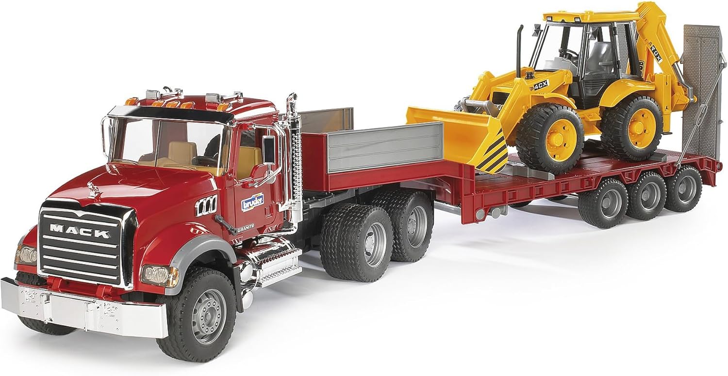 Bruder Toys 02813 Mack Granite Flatbed Truck with JCB Loader Backhoe