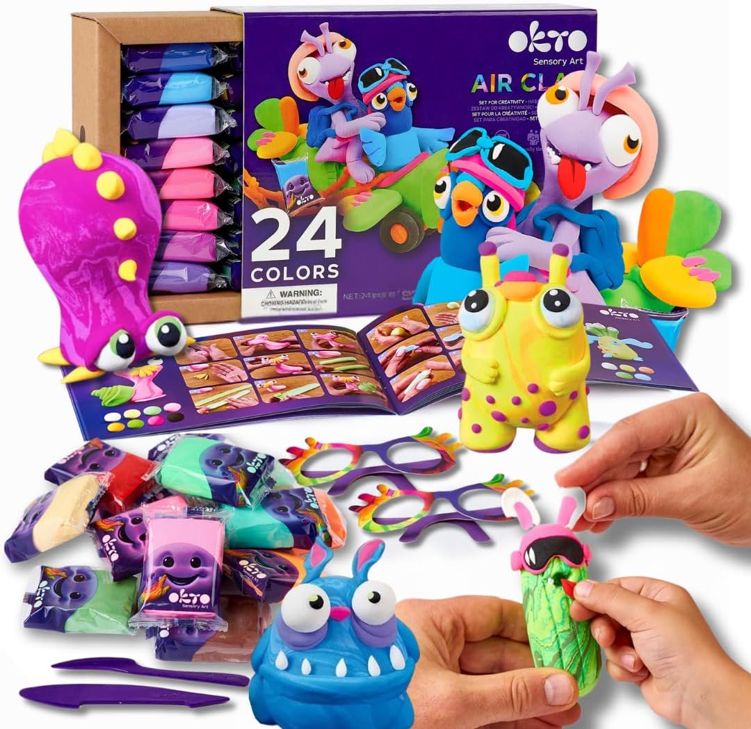 Okto 24 Colourful Air Dry Clay Craft Kit for Kids | All-in-One Non-Toxic Modeling Clay Set with Tools and Accessories | Creative DIY Art Project, Girls, and Boys | Perfect for Kids' Crafts and Gifts
