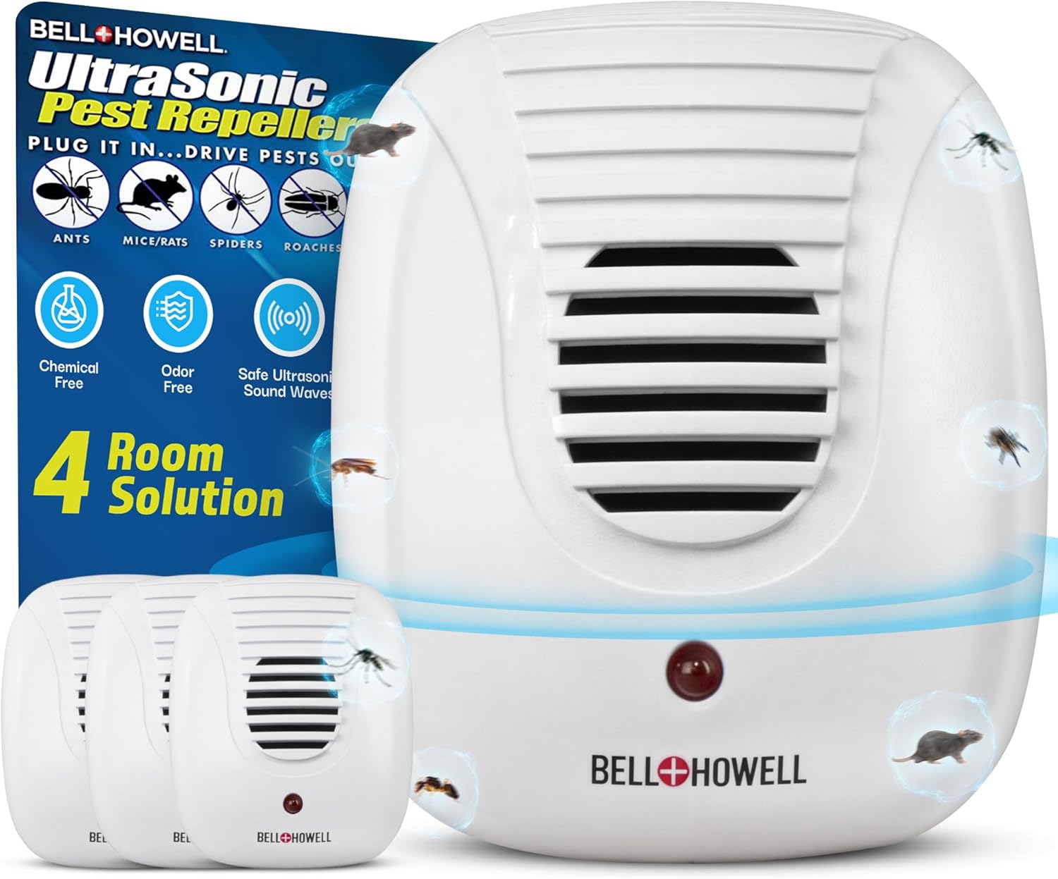Bell+Howell Upgraded 2025 Ultrasonic Pest Repeller Indoor 4 Pk, Mice Repellent Indoor Home Kit, DIY Pest Control at Home, Plug in Spider Repellent, Rodent Repellent, Bug, Insect, Family & Pet Safe