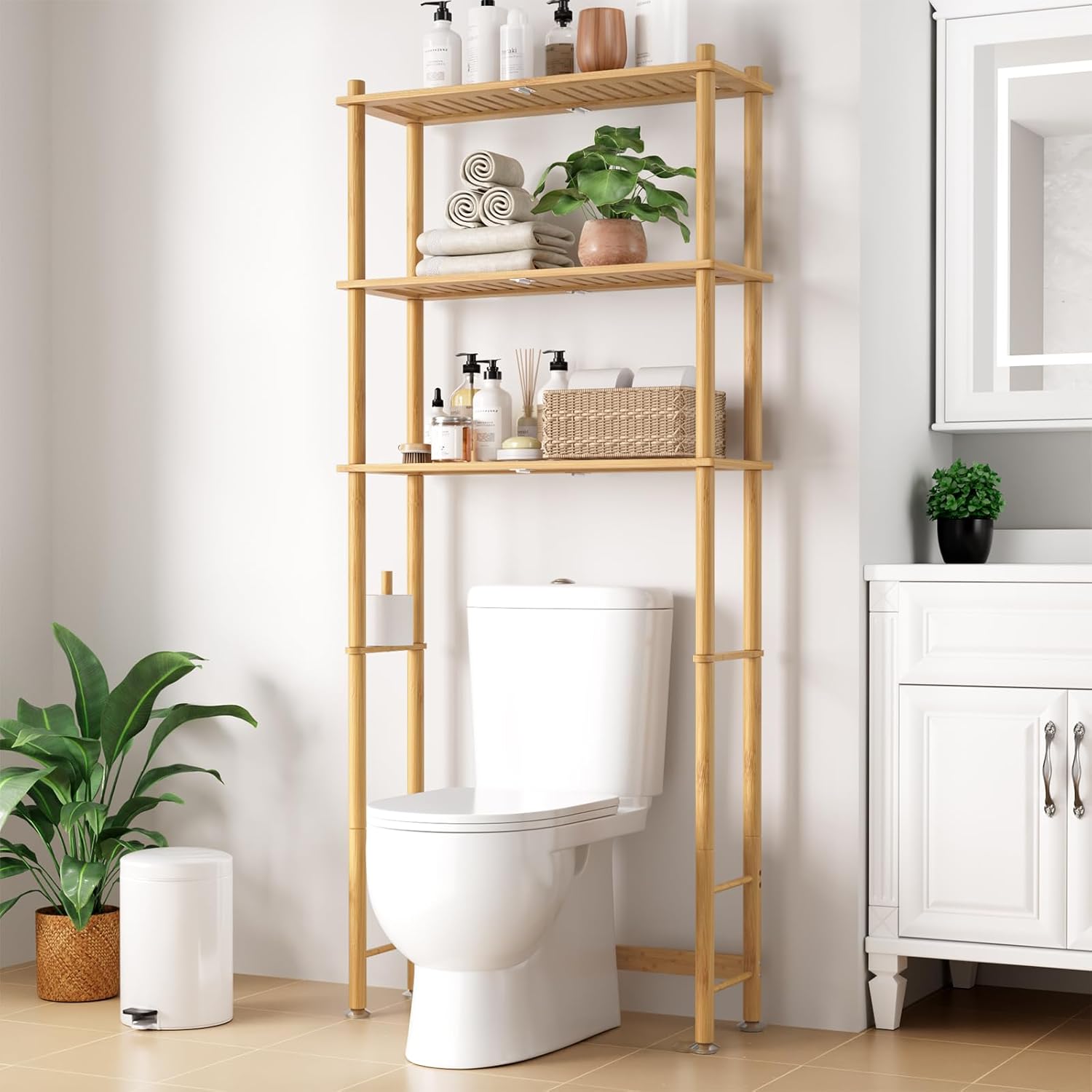 Kitsure Over The Toilet Shelf - 3-Tier Bamboo Bathroom Organizers and Storage with Paper Holder, Over Toilet Bathroom Organizer with Wall Anchor for Balcony, Laundry, Natural, 3 Tiers (63" H)