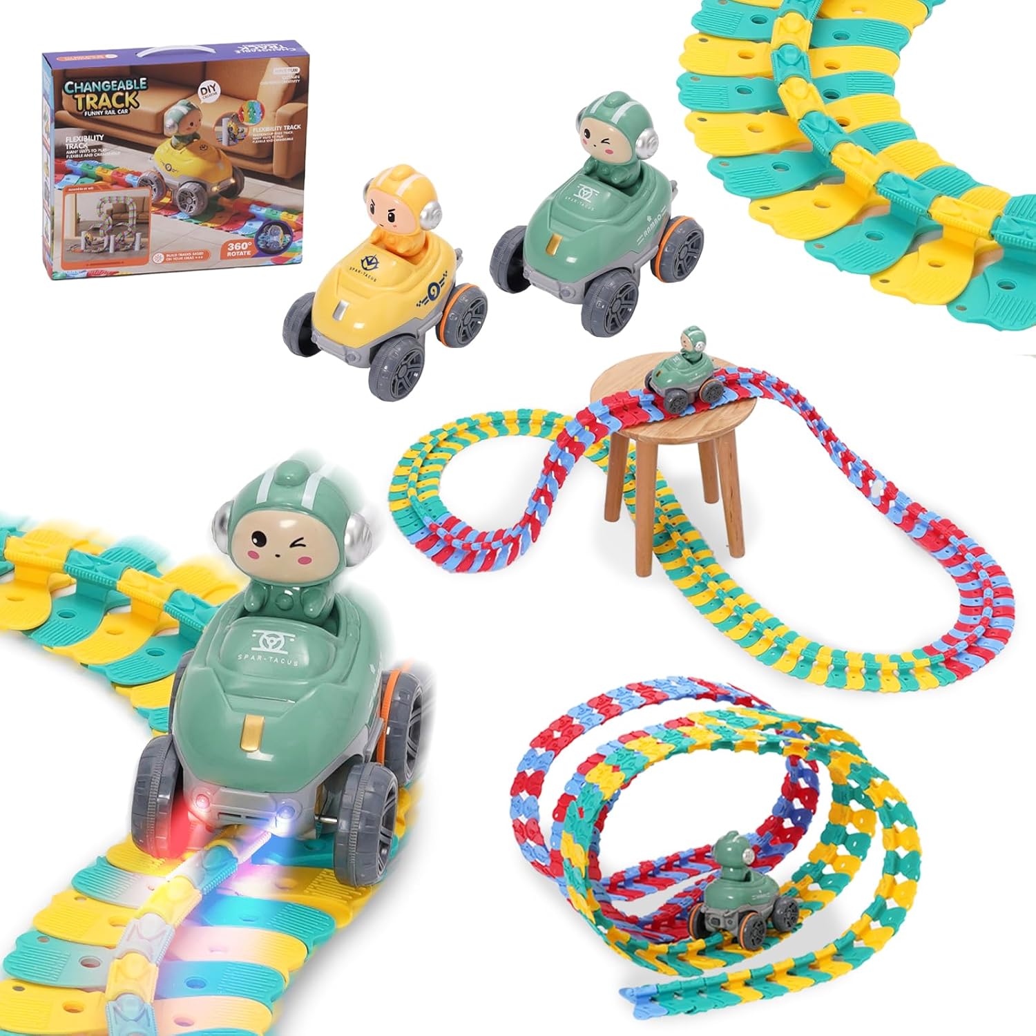 Arkyomi 164pcs Race Track Car, Car Track Playset, Anti-Gravity Flexible Track Car Set, DIY Construction Toy, Changeable Racing Car Track, for 3 4 5 6 Year Old Boys Girls