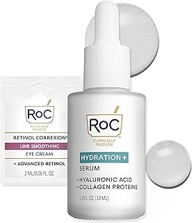 RoC Hydration+ Hyaluronic Acid Serum for Face, Hydrating, Plumping, Fragrance Free, Lightweight Formula with Collagen Proteins (1 Ounce) with Retinol Eye Cream Packette
