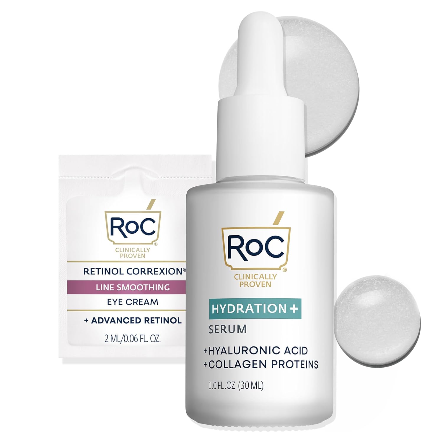 RoC Hydration+ Hyaluronic Acid Serum for Face, Hydrating, Plumping, Fragrance Free, Lightweight Formula with Collagen Proteins (1 Ounce) with Retinol Eye Cream Packette
