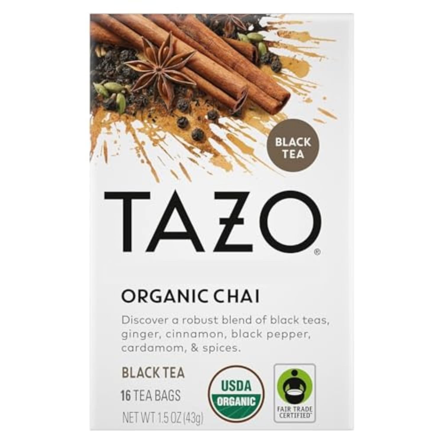 TAZO Organic Chai Black Tea Bags, Caffeinated tea, 16 Total Bags
