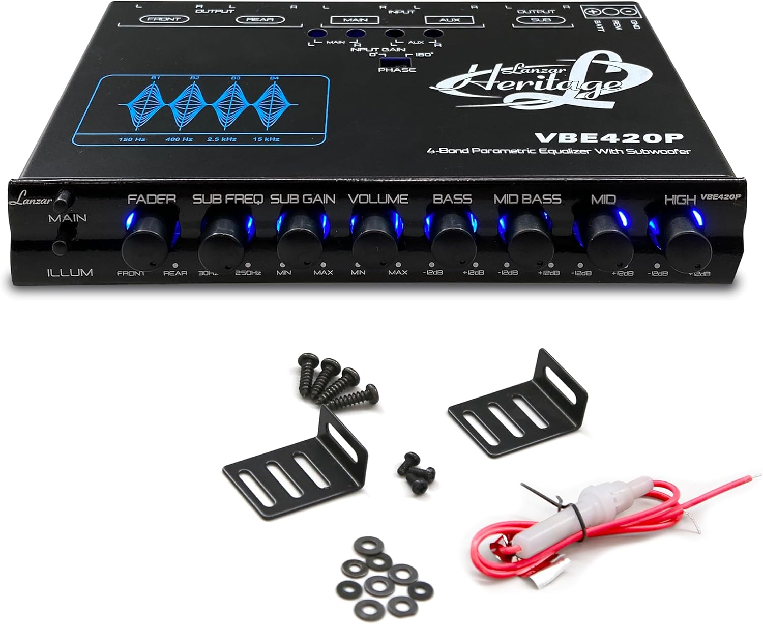 Lanzar 4 Band Stereo Equalizer - Half Din Car Equalizer with Subwoofer Gain Control, RCA Inputs, Pre-Amp Outputs, Rotary Fader, AUX Input Selector, Blue Light for Car or Home Audio Systems
