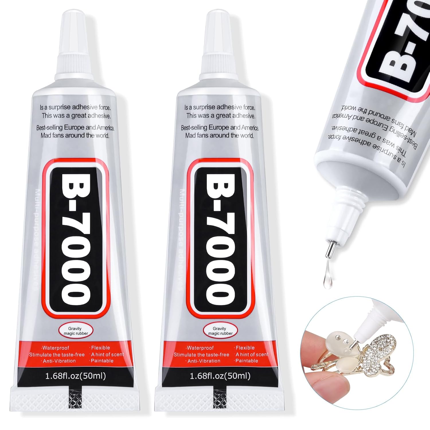 B-7000 Super Adhesive Glue, Industrial Strength B7000 Glues Paste for Rhinestones Crafts, Clothes Shoes, Fabric, Jewelry Making, Cell Phones, Tablet, Wood, Rubber, Leather (2x50 ml/1.68 oz)