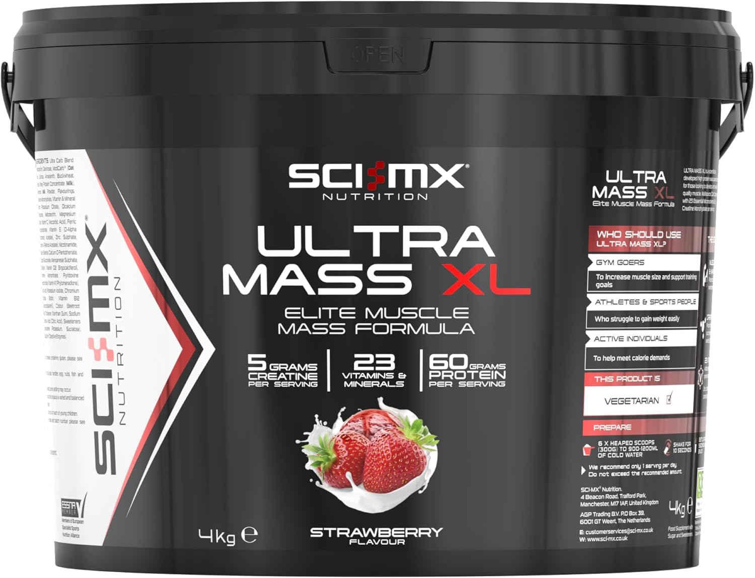 SCI-MX Ultra Mass XL Super-Premium Hardcore Mass & Weight Gaining Formula With A Full Spectrum Of BCAA, Vitamins and Minerals 4KG - Strawberry Flavour - 13 Servings